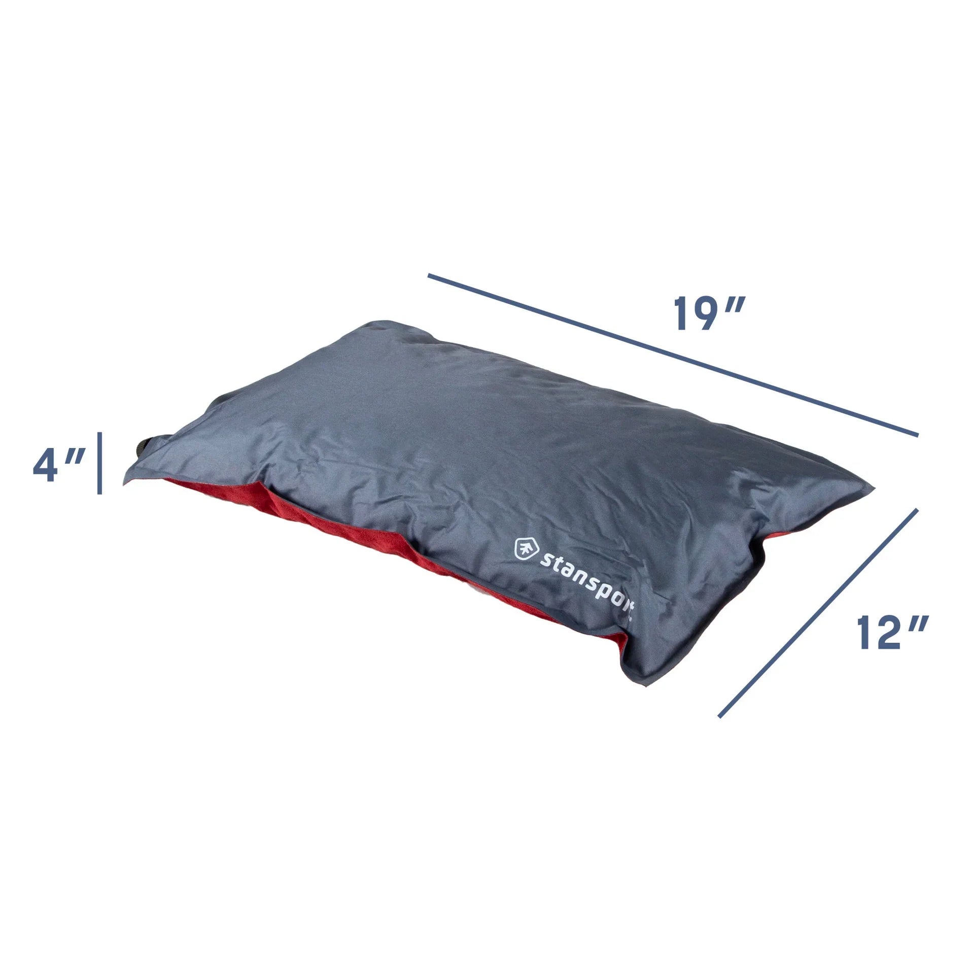 Stansport camping pillow with dimensions 19 x 12 x 4 inches, grey and red color