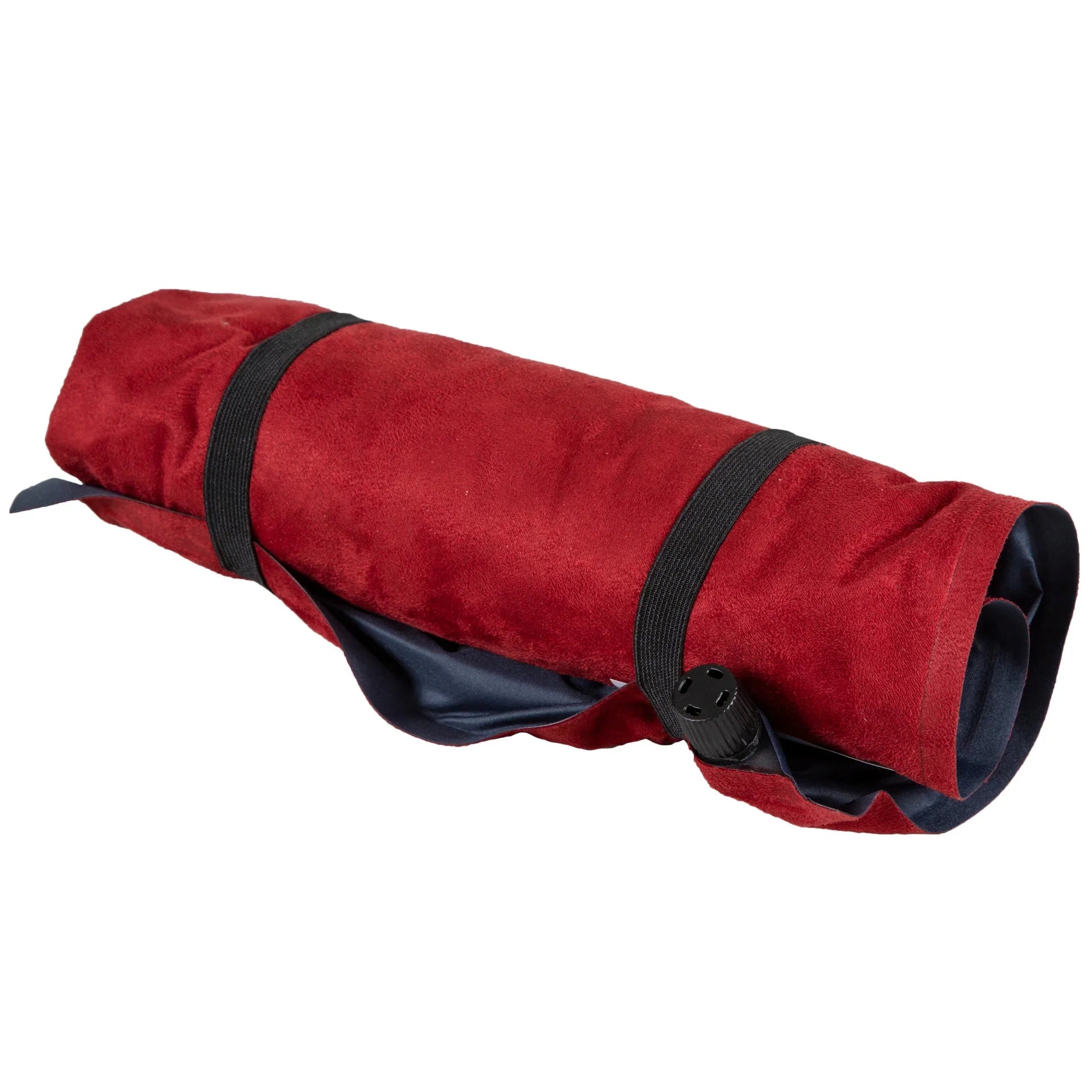 Red suede roll-up pouch secured with black strap on white background