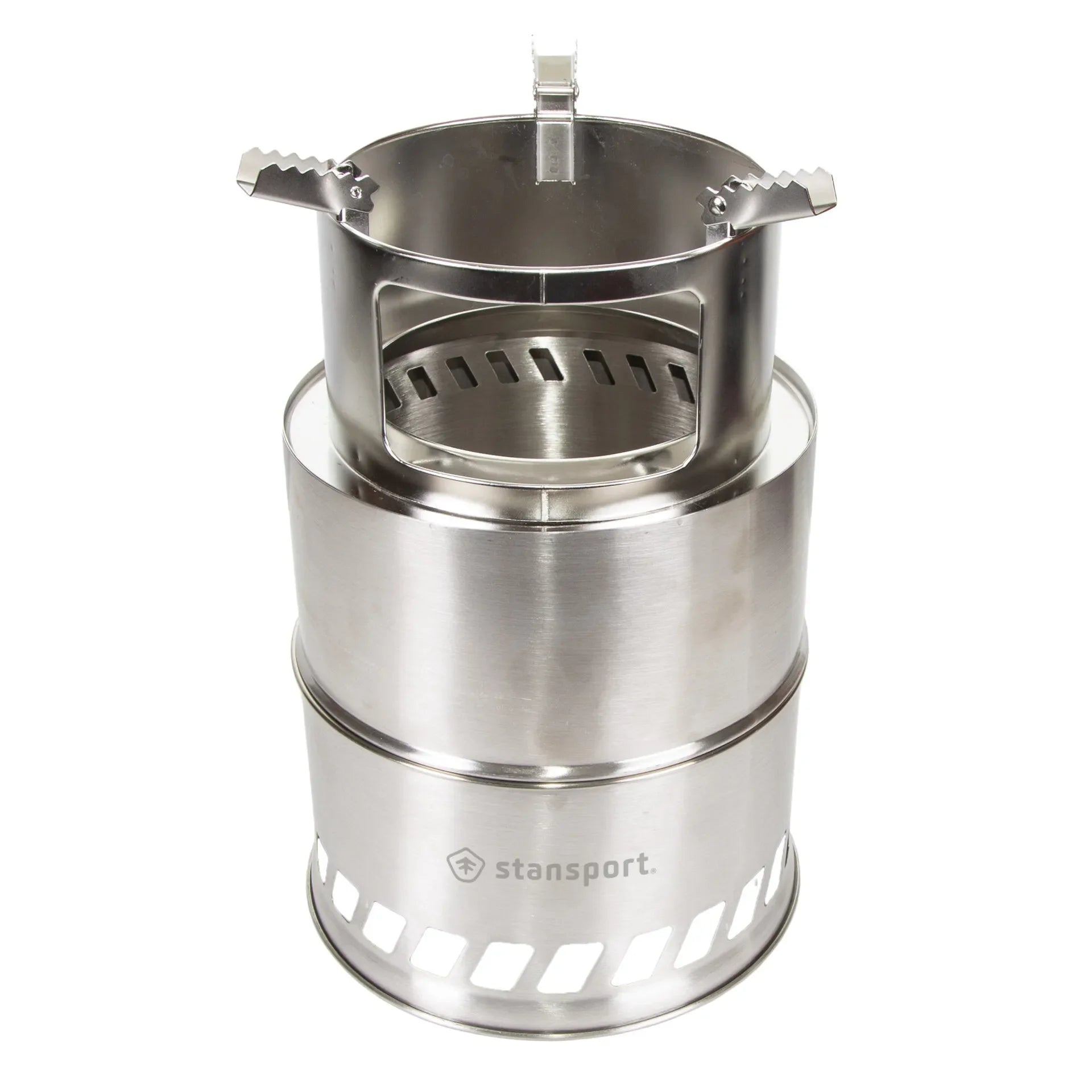Stansport stainless steel camping wood-burning stove with open top and ventilation slots