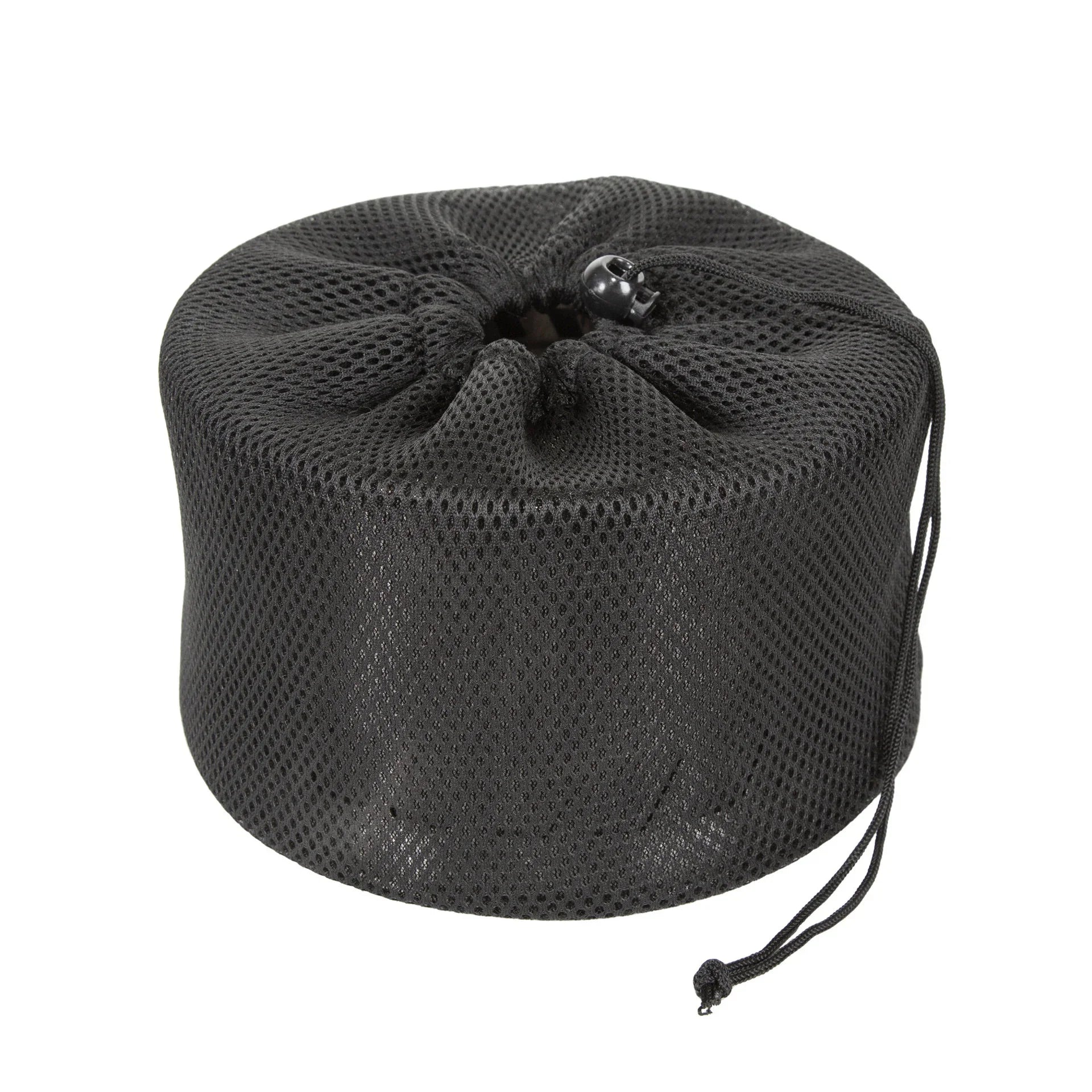Black mesh drawstring storage bag on white background