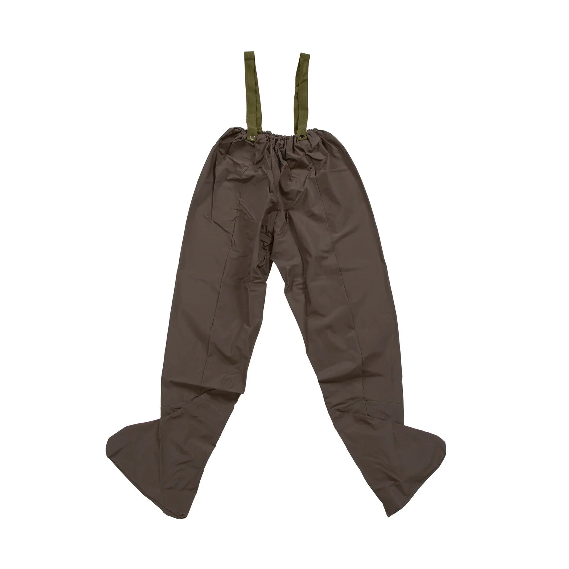 Brown waterproof fishing waders with attached suspenders on a white background