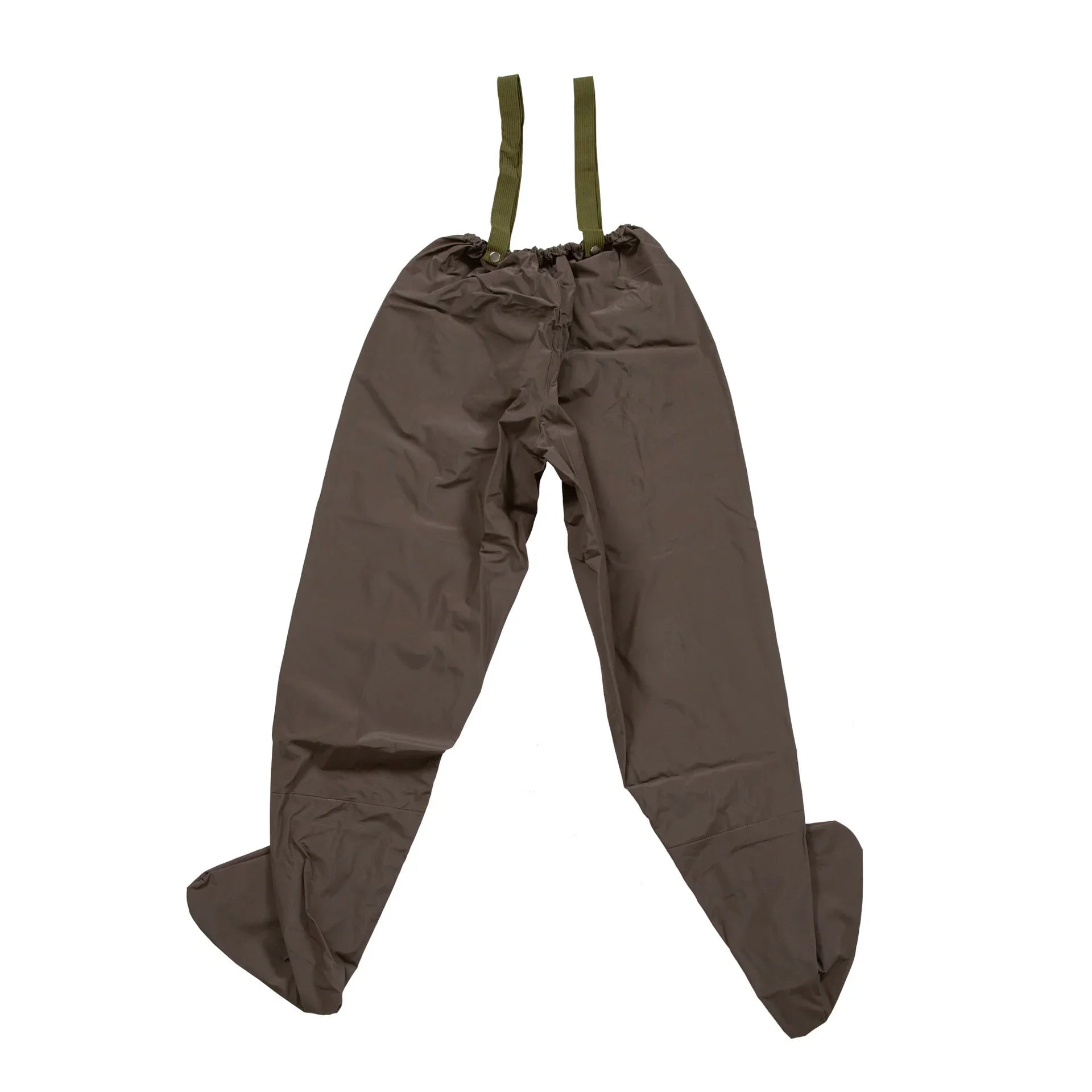Brown waterproof fishing waders with green suspenders on white background