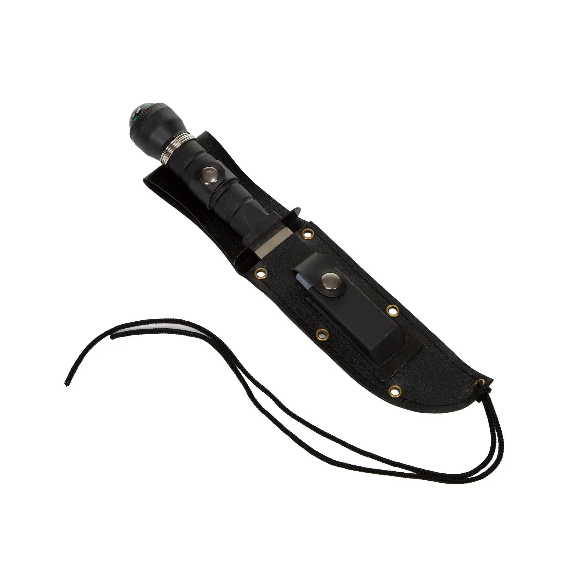 Black survival knife with sheath and lanyard, tactical outdoor gear on white background