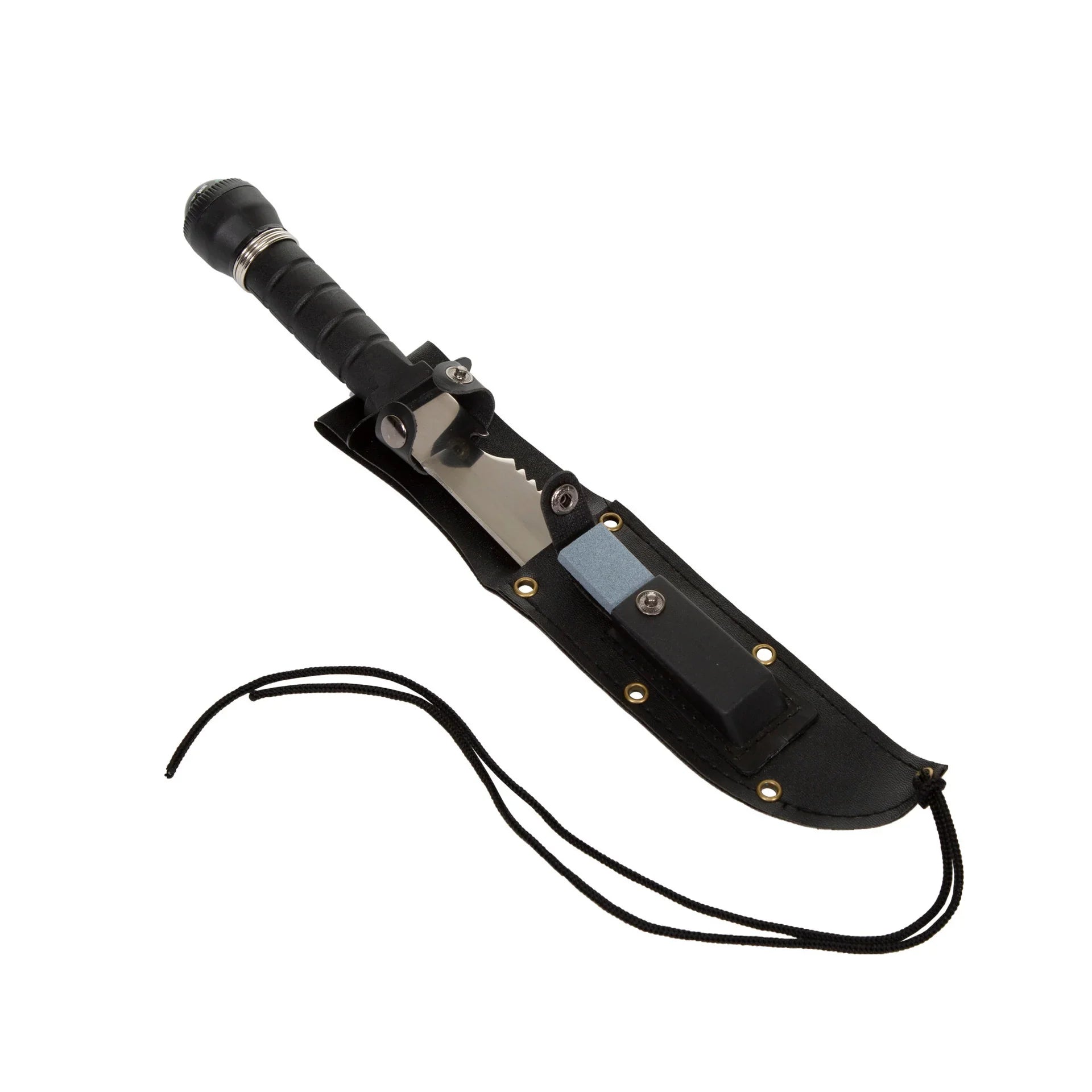 Survival knife with black handle in sheath featuring sharpening stone and cord