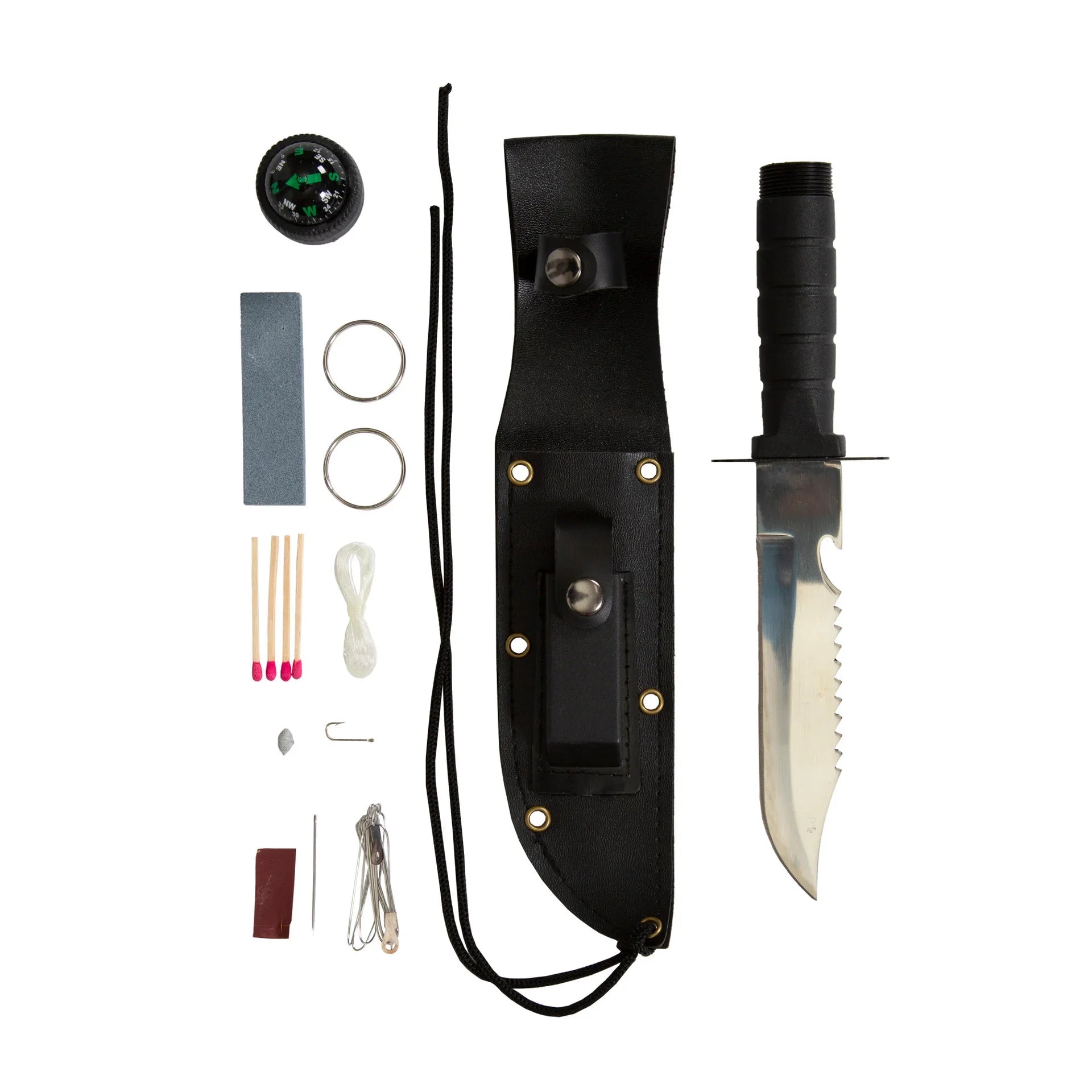 Survival knife kit with sheath, compass, matches, and fishing tools on white background