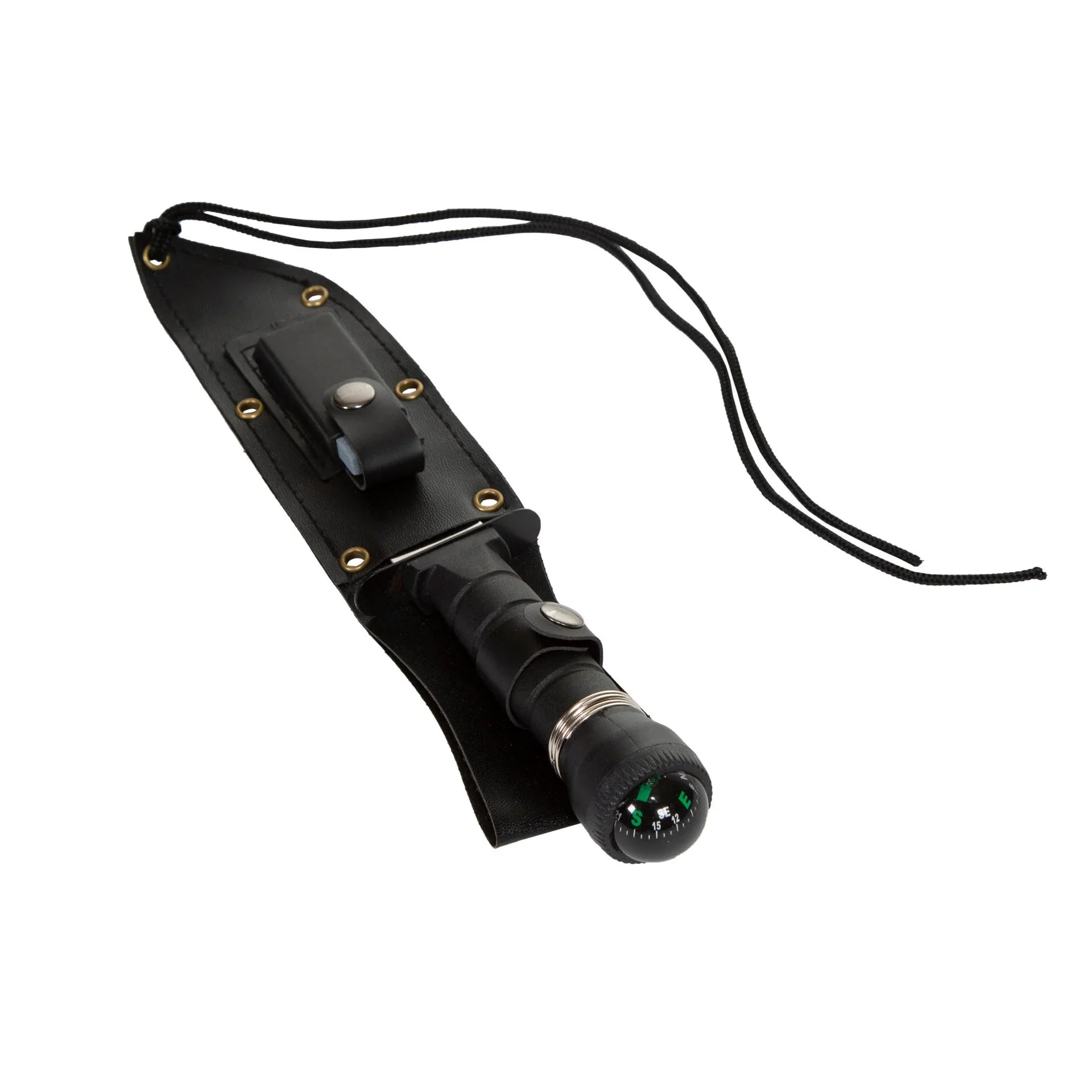 Survival knife with compass in black sheath and lanyard on white background