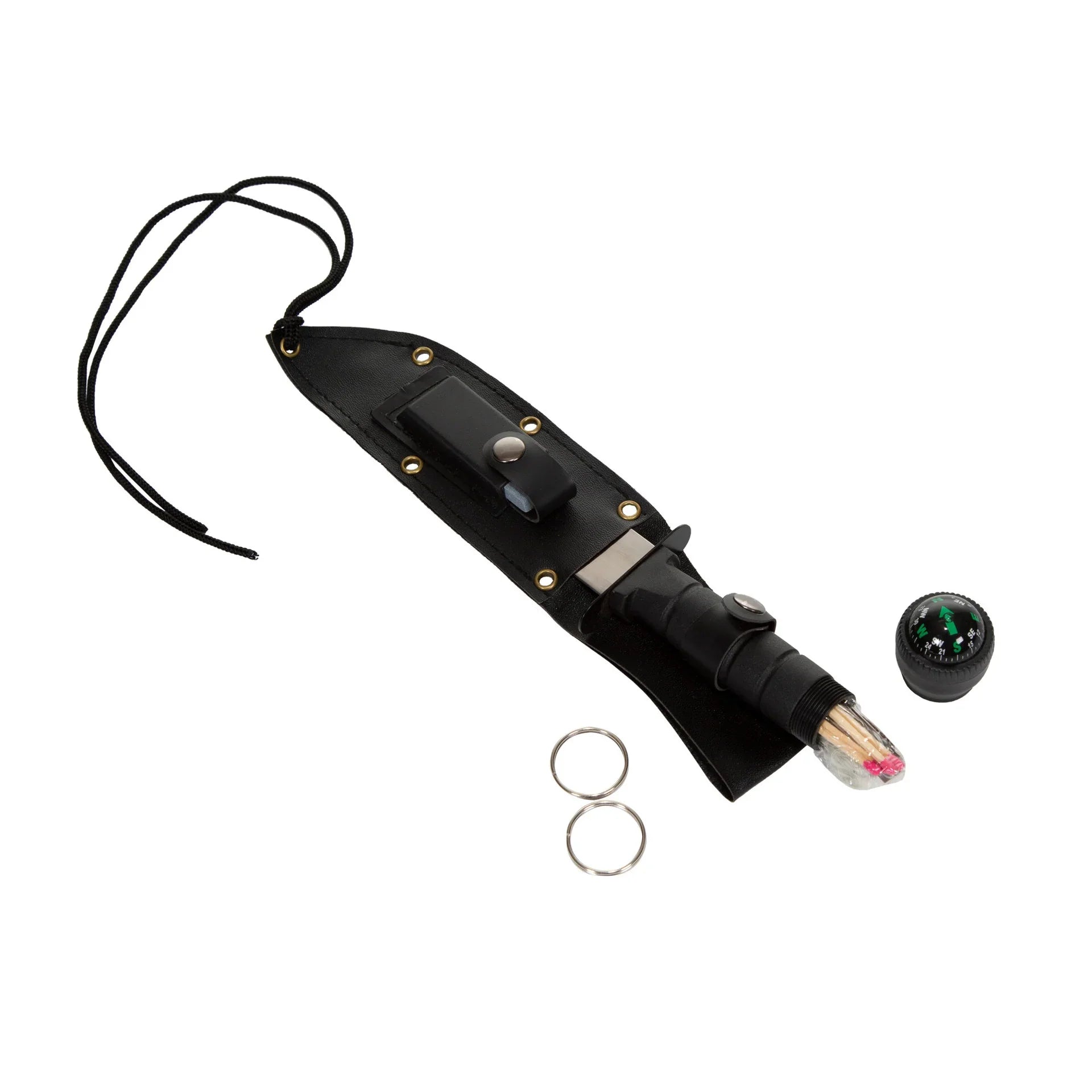 Survival knife with black sheath, matches, compass, and two metal rings on white background