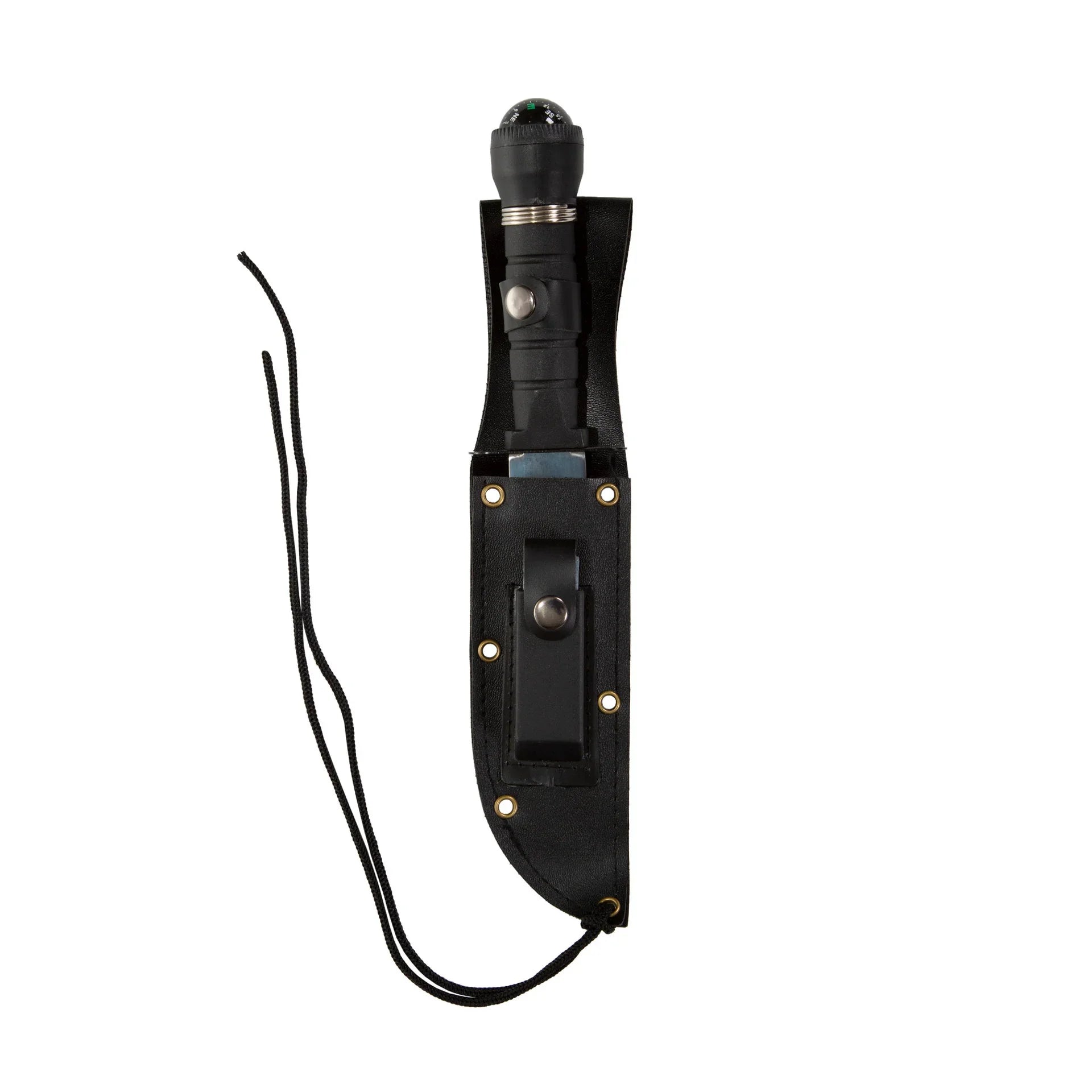 Black survival knife with compass in sheath, paracord lanyard, isolated on white background.