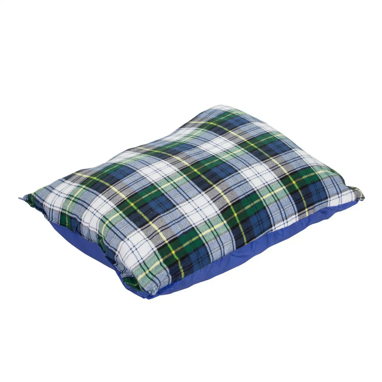 Plaid Stansport washable camp pillow with blue bottom on white background