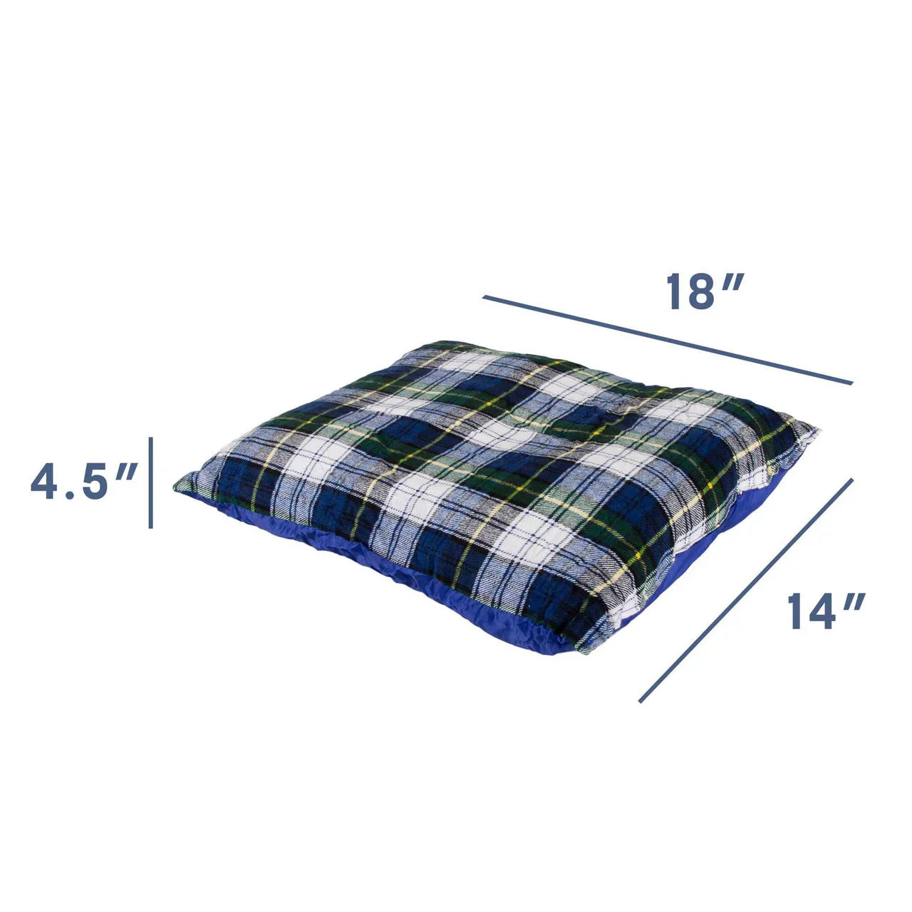 Plaid Stansport washable camp pillow with blue trim, shown with dimensions 18x14x4.5 inches.