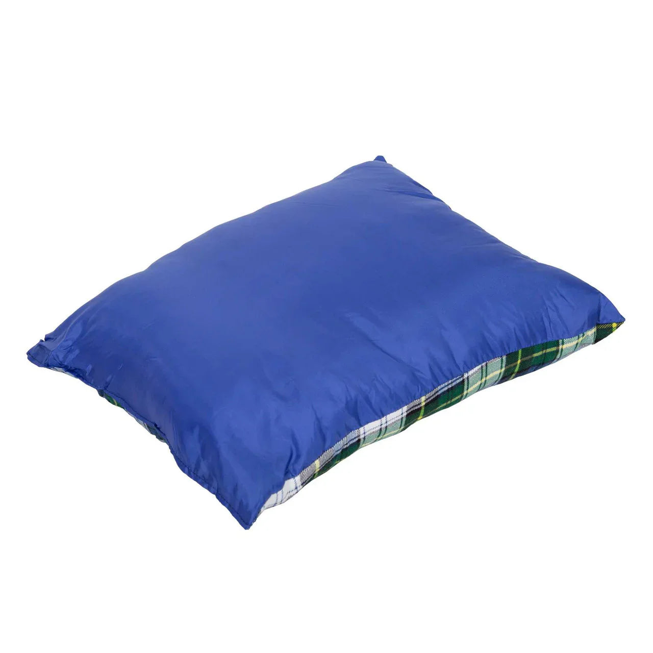 Blue washable camp pillow with green plaid trim on a white background