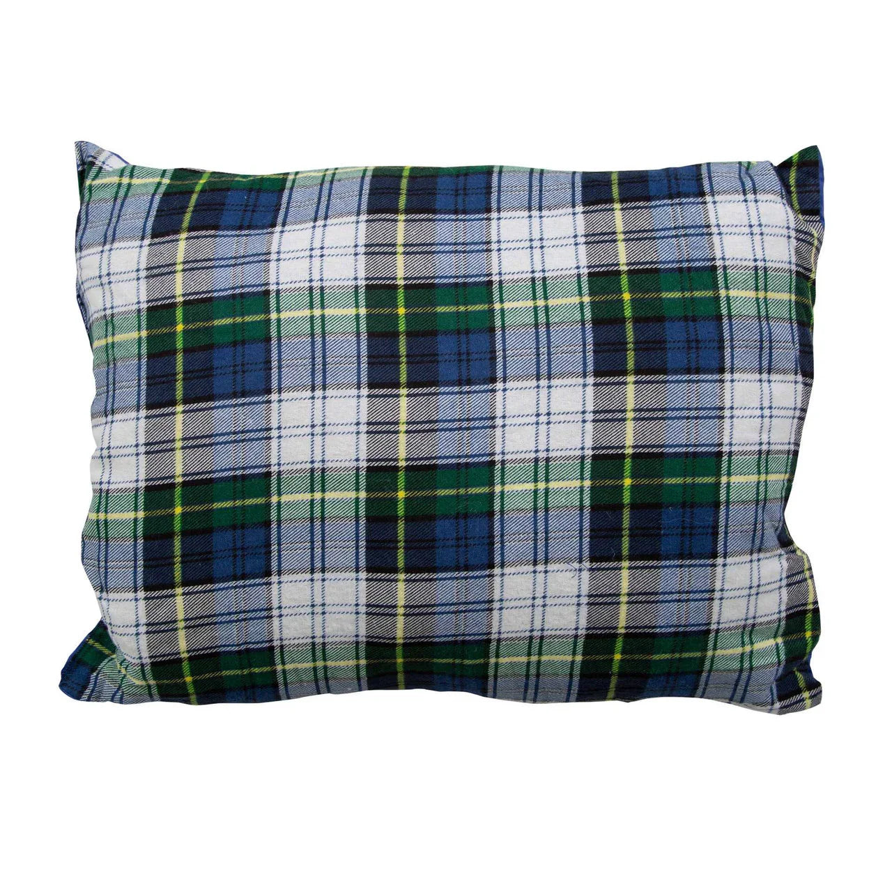 Blue green plaid washable camp pillow on white background