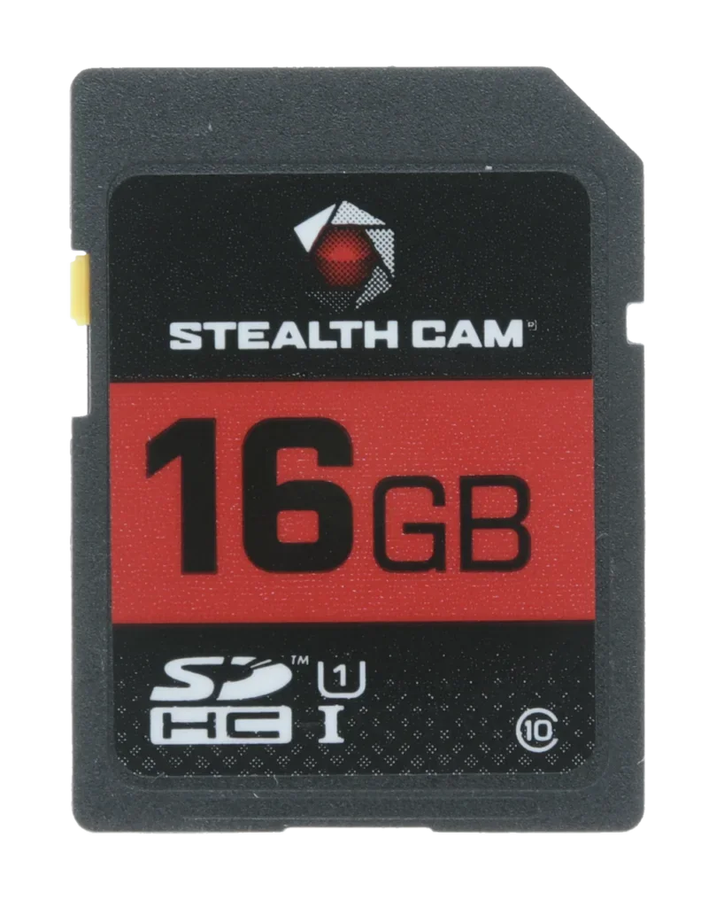 Stealth Cam 16GB SDHC memory card with black and red label and white branding