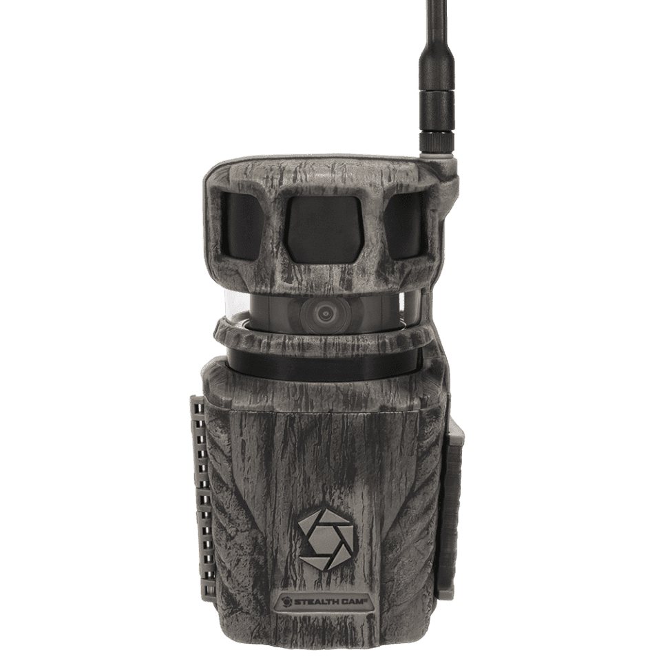 Stealth Cam Revolver cellular trail camera with wood-pattern camouflage and antenna