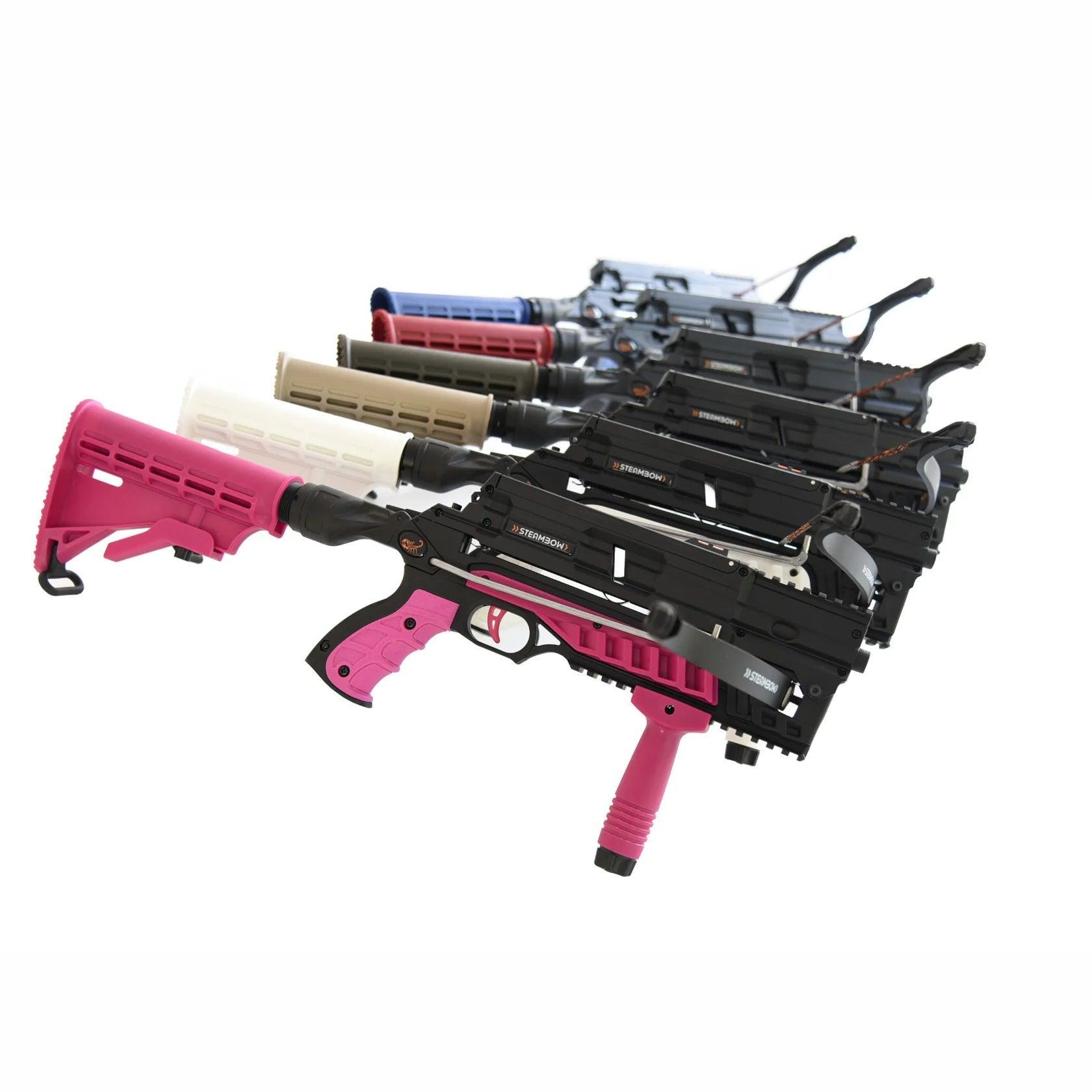 Steambow AR-6 Stinger II color kit crossbows in assorted colors lined up on white background