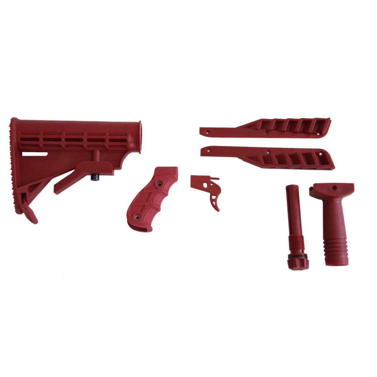 Red Steambow AR-6 Stinger II color kit parts on white background, archery accessories.