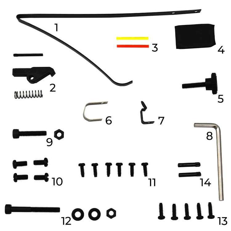 Steambow AR-6 Stinger II spare parts kit with screws, springs, and archery components.