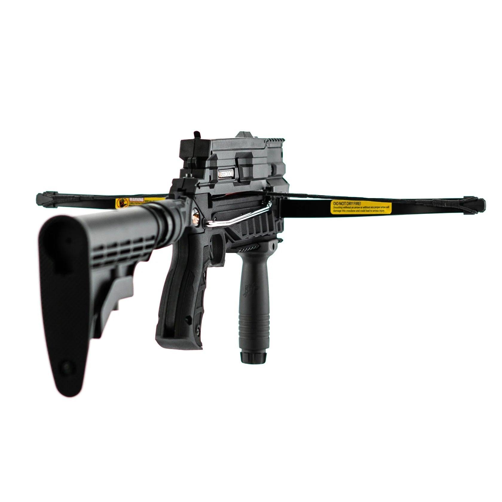 Steambow AR-6 Stinger II Tactical crossbow with black stock and foregrip on white background