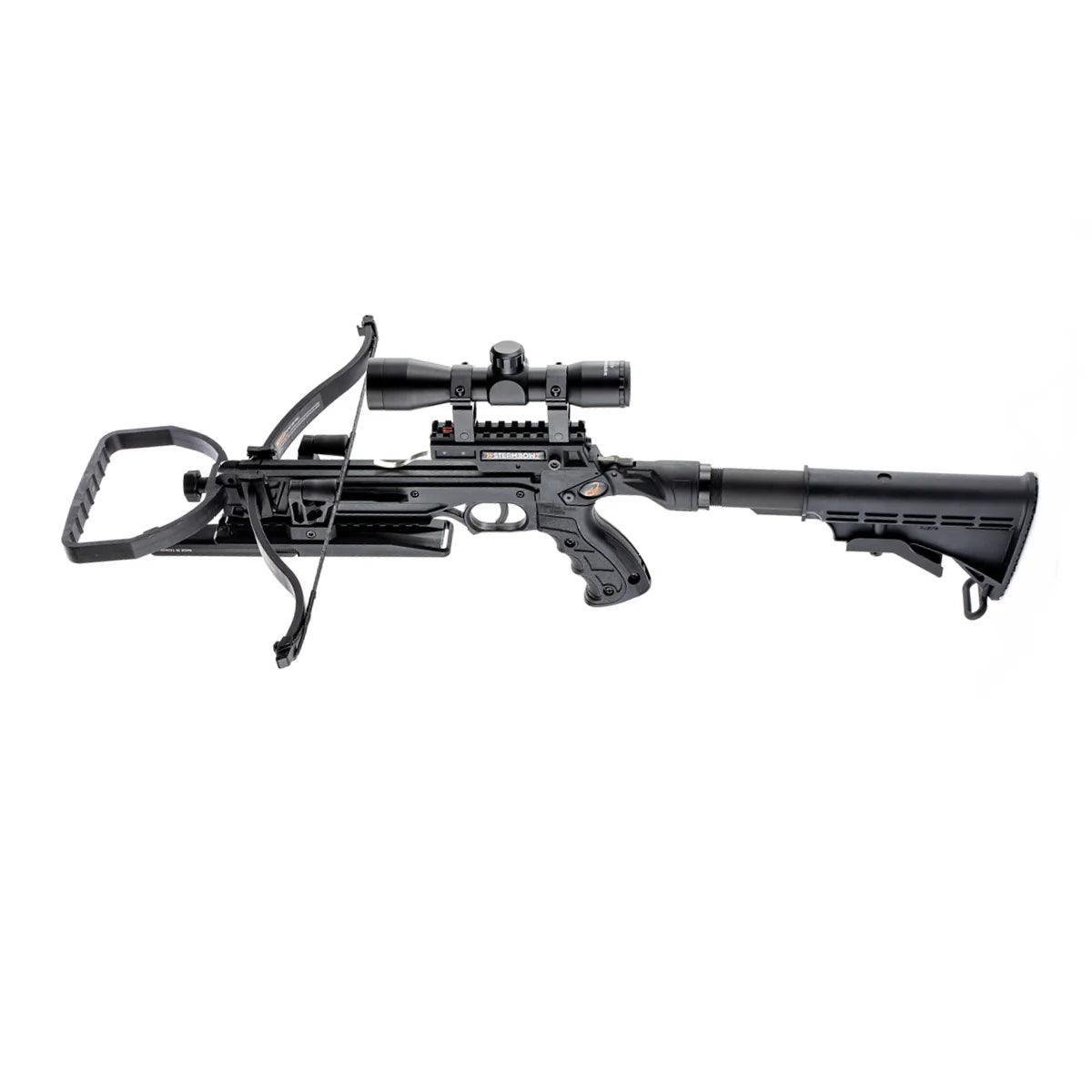 Tactical black crossbow with adjustable stock and scope on white background
