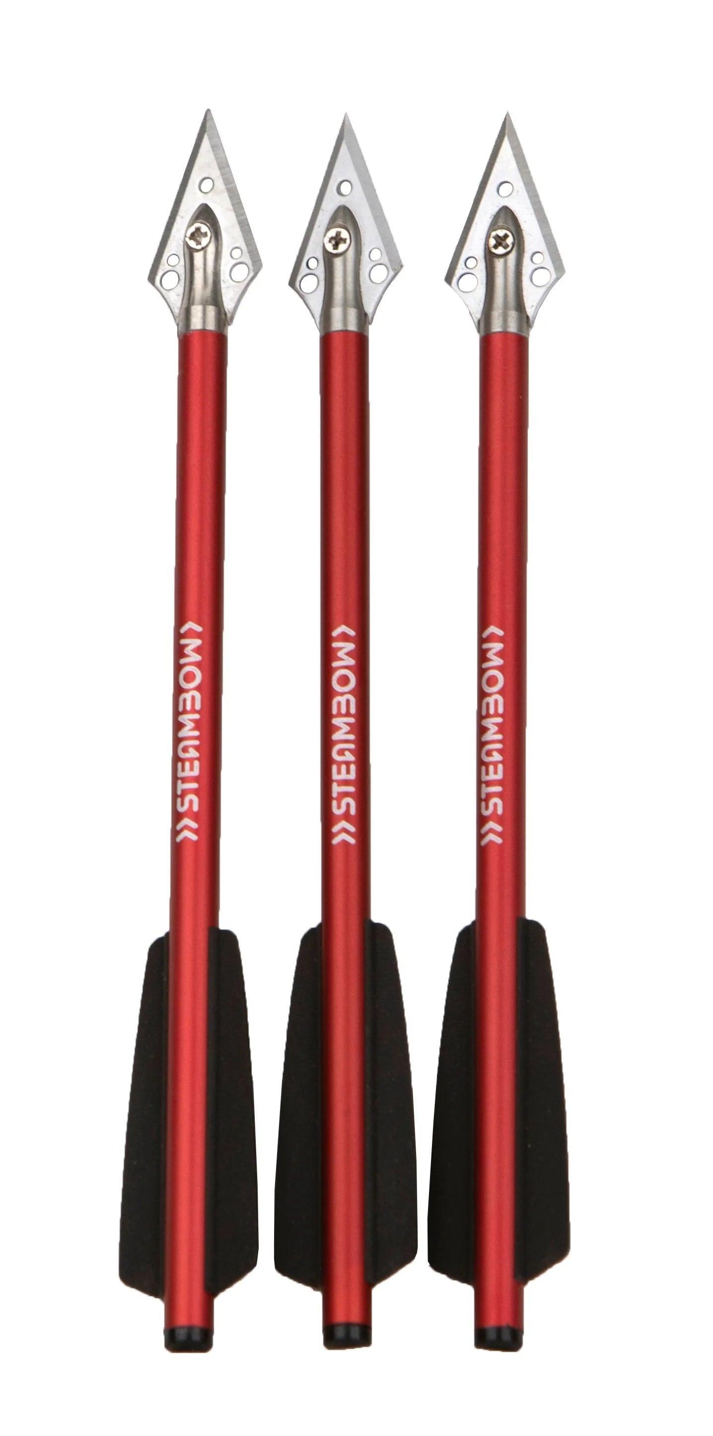 Three Steambow AR Series broadhead arrows with red shafts and black vanes on white background