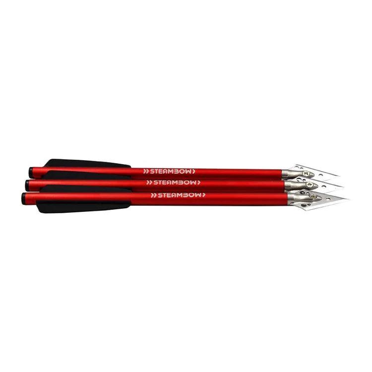 Three Steambow AR Series broadhead arrows with red shafts and black vanes