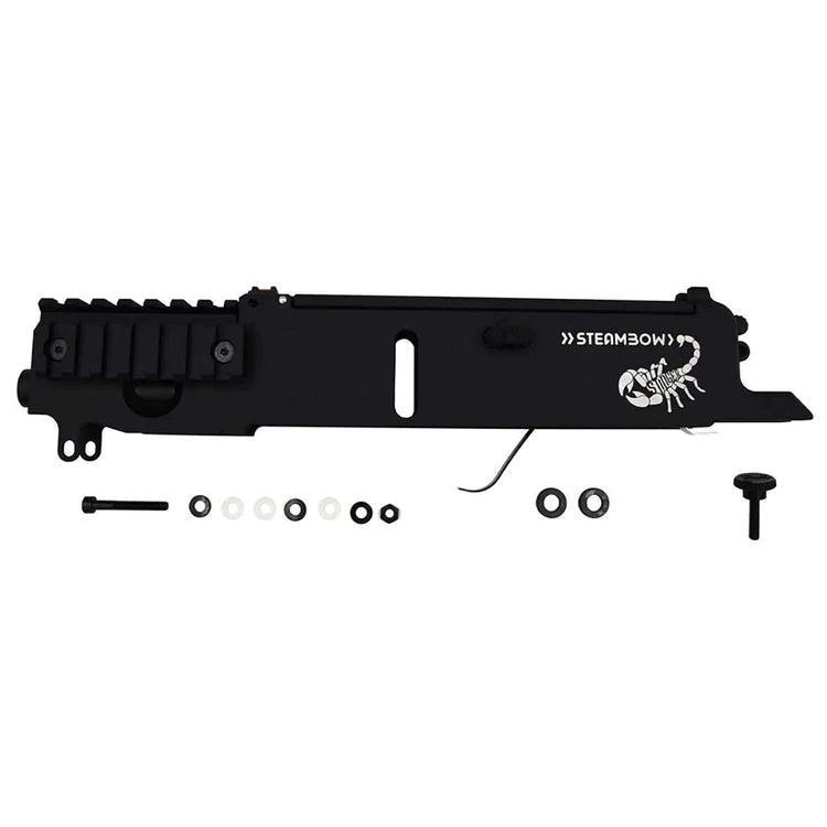 Steambow AR series aluminum magazine with scorpion logo and assembly parts on white background