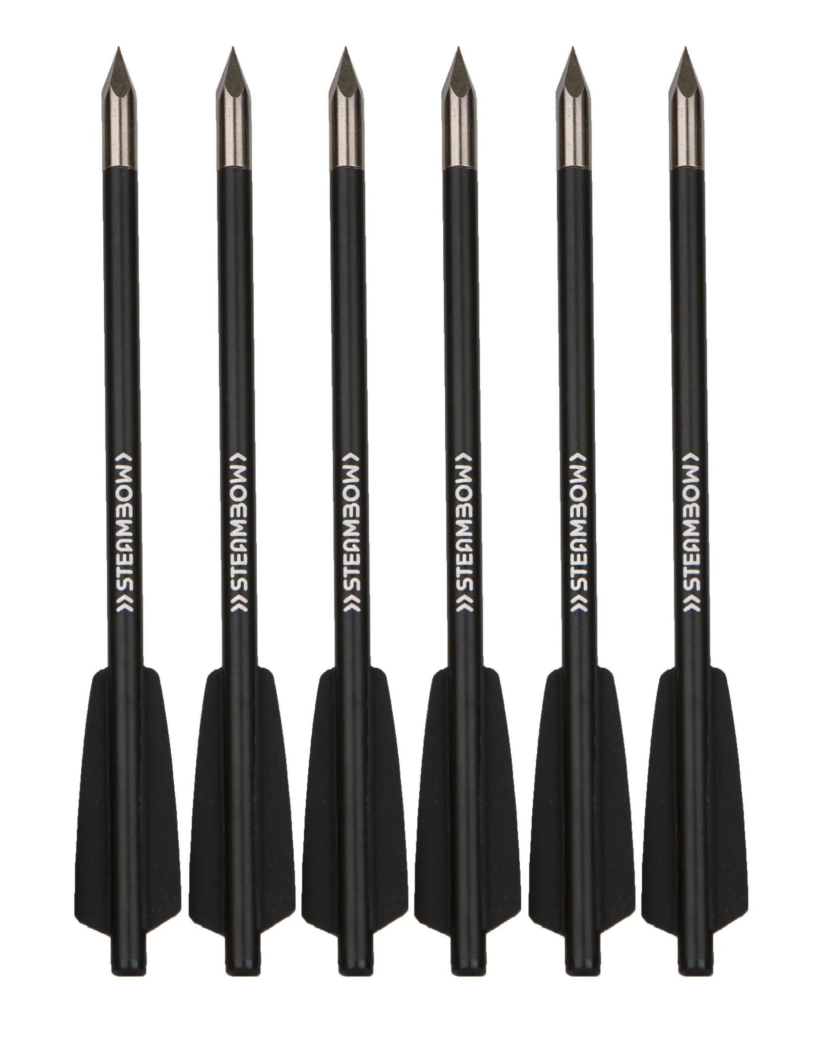 Six Steambow AR-Series bodkin arrows with black shafts and fletching on white background