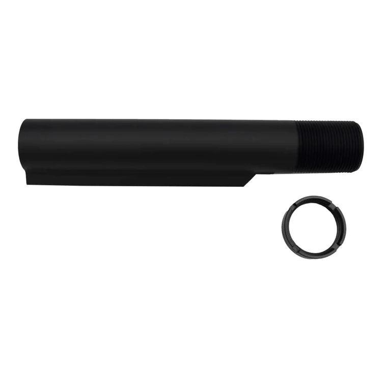 Black AR-6 Stinger II buffer tube and ring on white background for archery crossbow