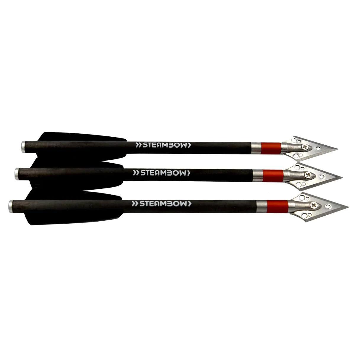 Three Steambow AR-Series carbon broadhead arrows with black shafts and silver tips