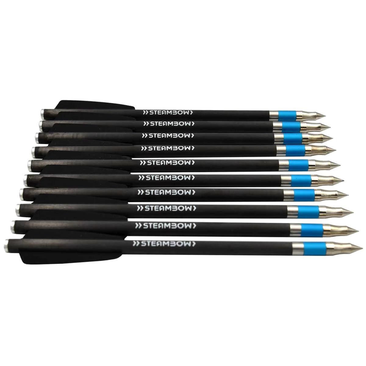 Steambow AR-Series carbon target arrows 10 pack with blue accents, black shafts, metal tips