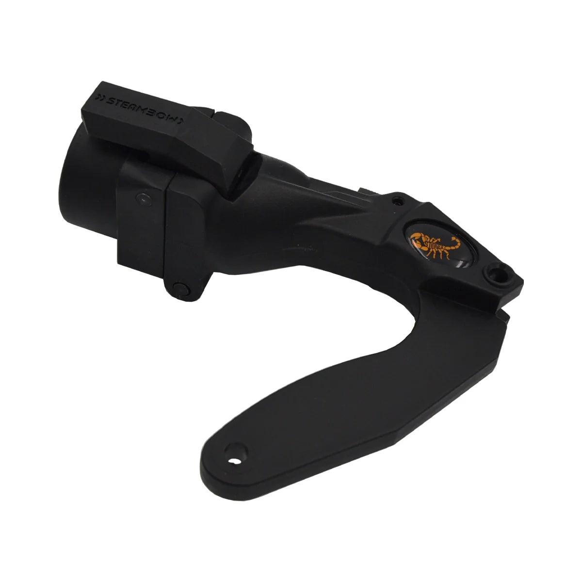 Steambow Stinger 2 folding stock adapter closed, black metal with scorpion logo