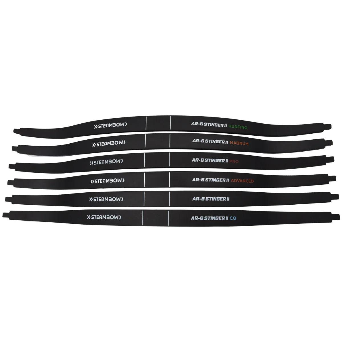 Steambow AR-6 Stinger II replacement limbs in six labeled variants, black background.