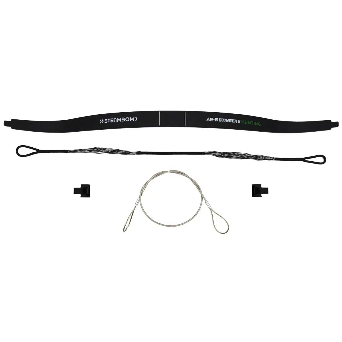 Steambow AR-6 Stinger II hunting crossbow limb and string set on white background