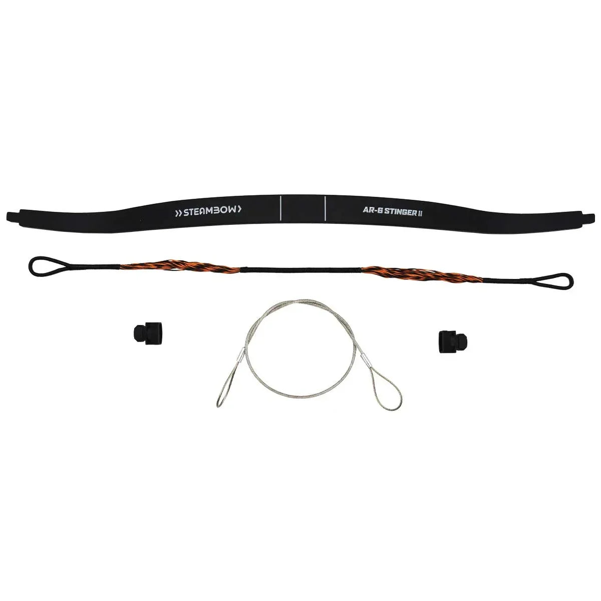 Steambow AR-6 Stinger II 55 lbs tactical limb set with cables and accessories on white background