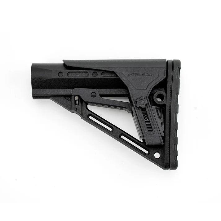 Black Steambow adjustable tactical stock with textured butt plate, isolated on white background