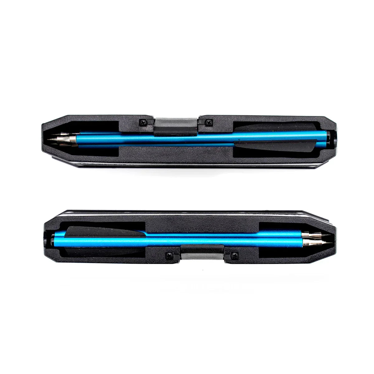 Two blue crossbow bolts in black plastic cases, Steambow accessory product photo