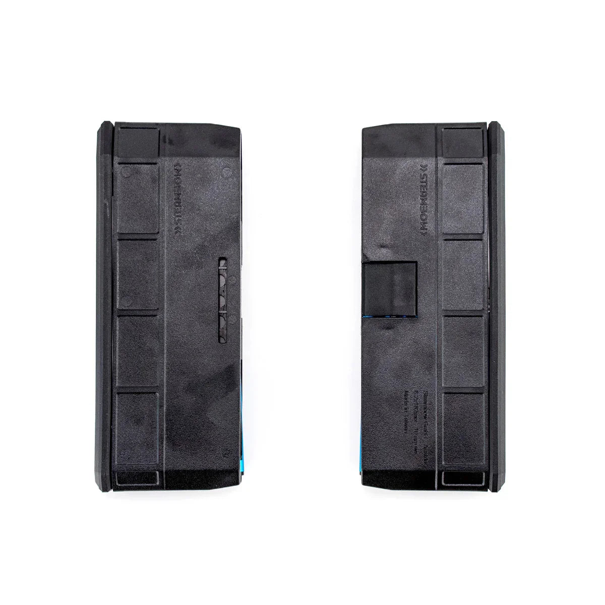 Pair of black Steambow replacement magazines for crossbow shown on white background
