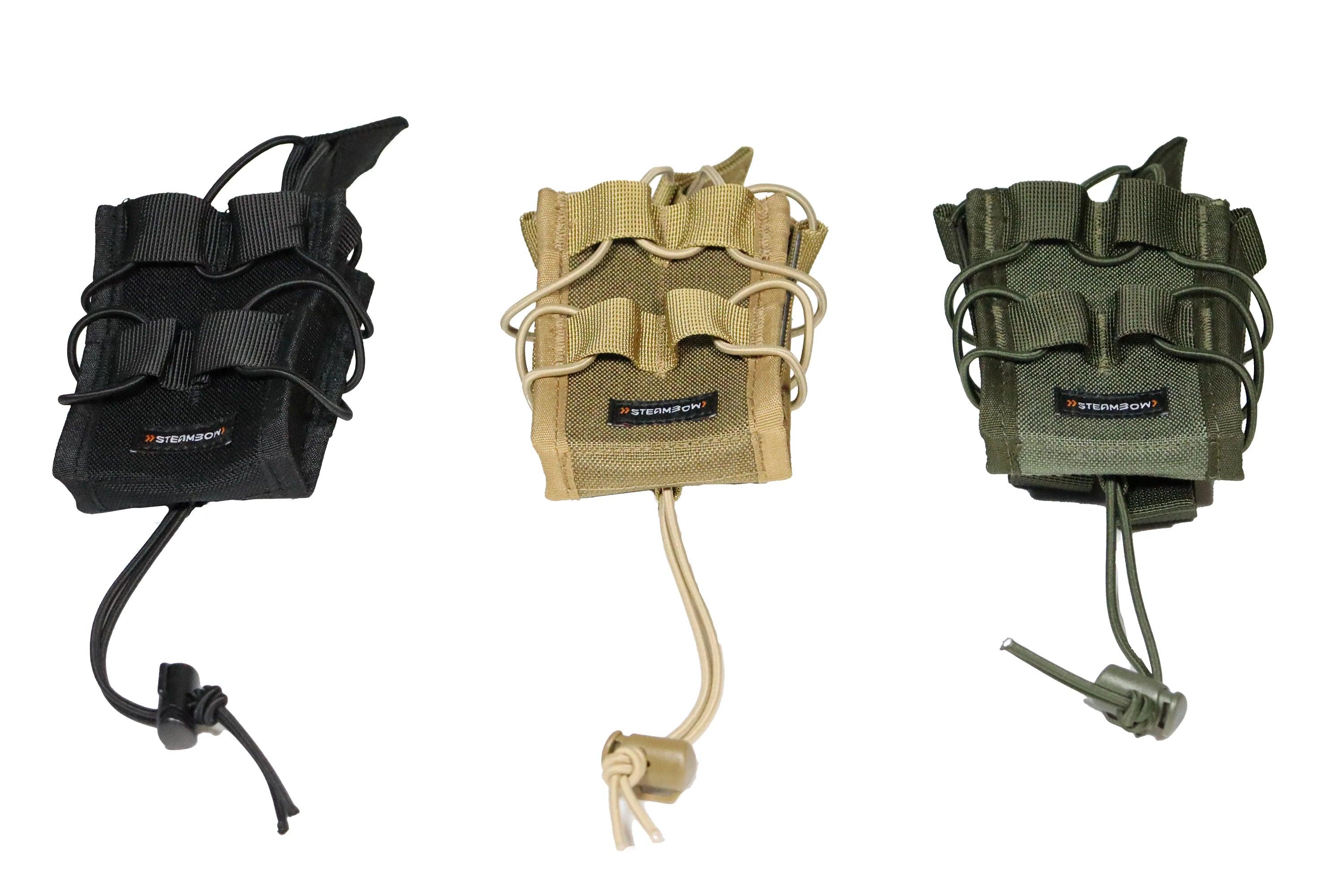 Three Steambow tactical pouches in black, tan, and green on a white background