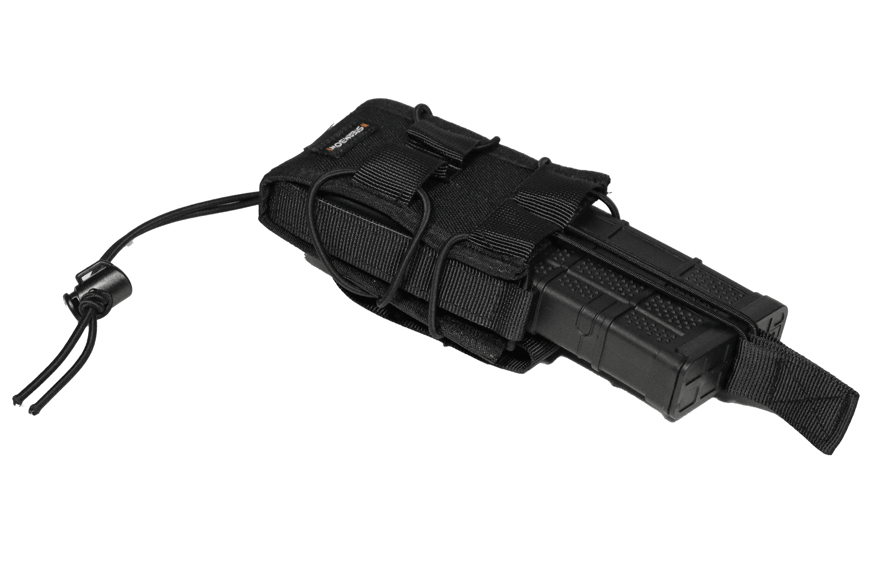 Black tactical AR magazine pouch with adjustable strap and an inserted magazine on white background