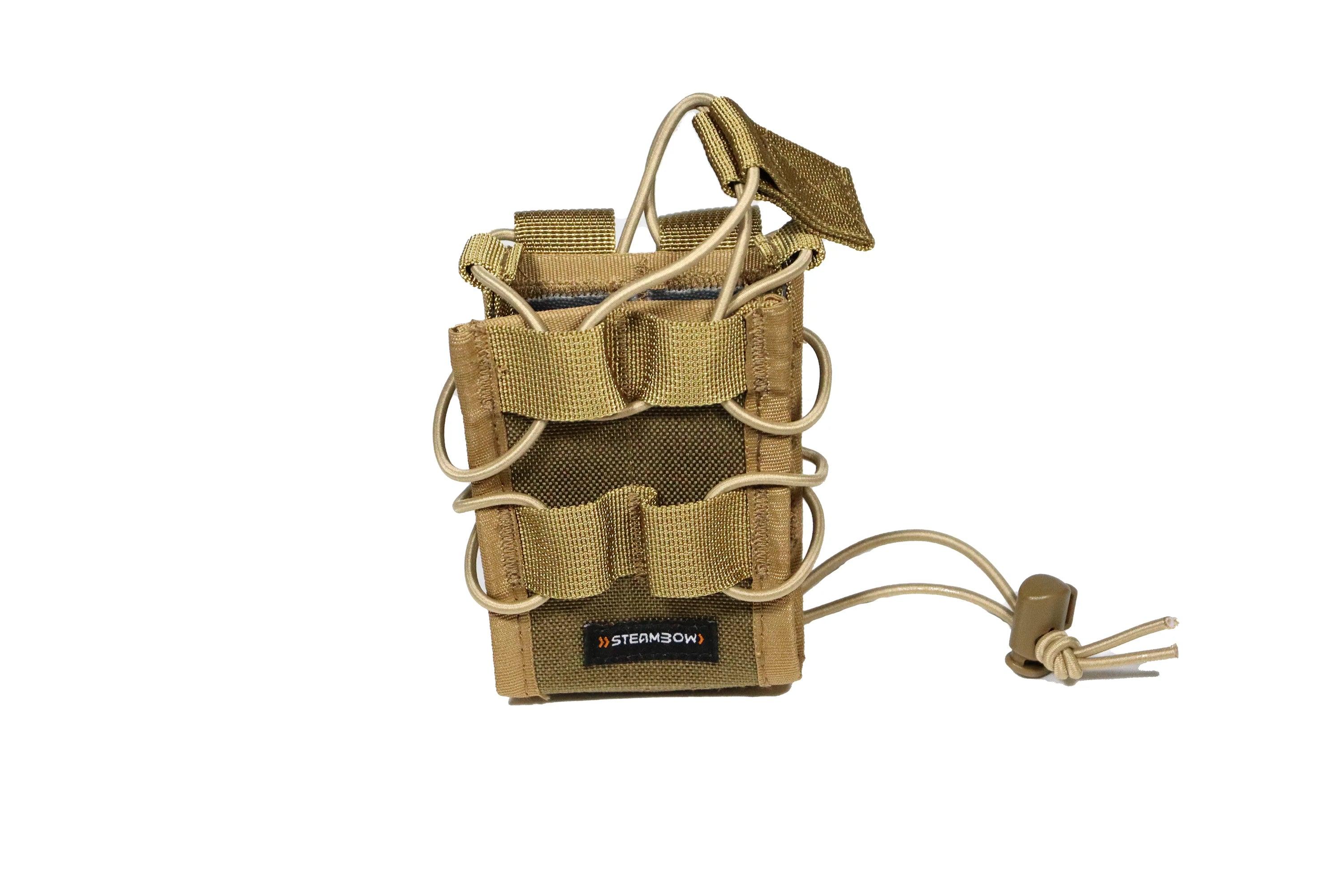 Tan tactical MOLLE pouch with bungee cords and Steambow logo on white background
