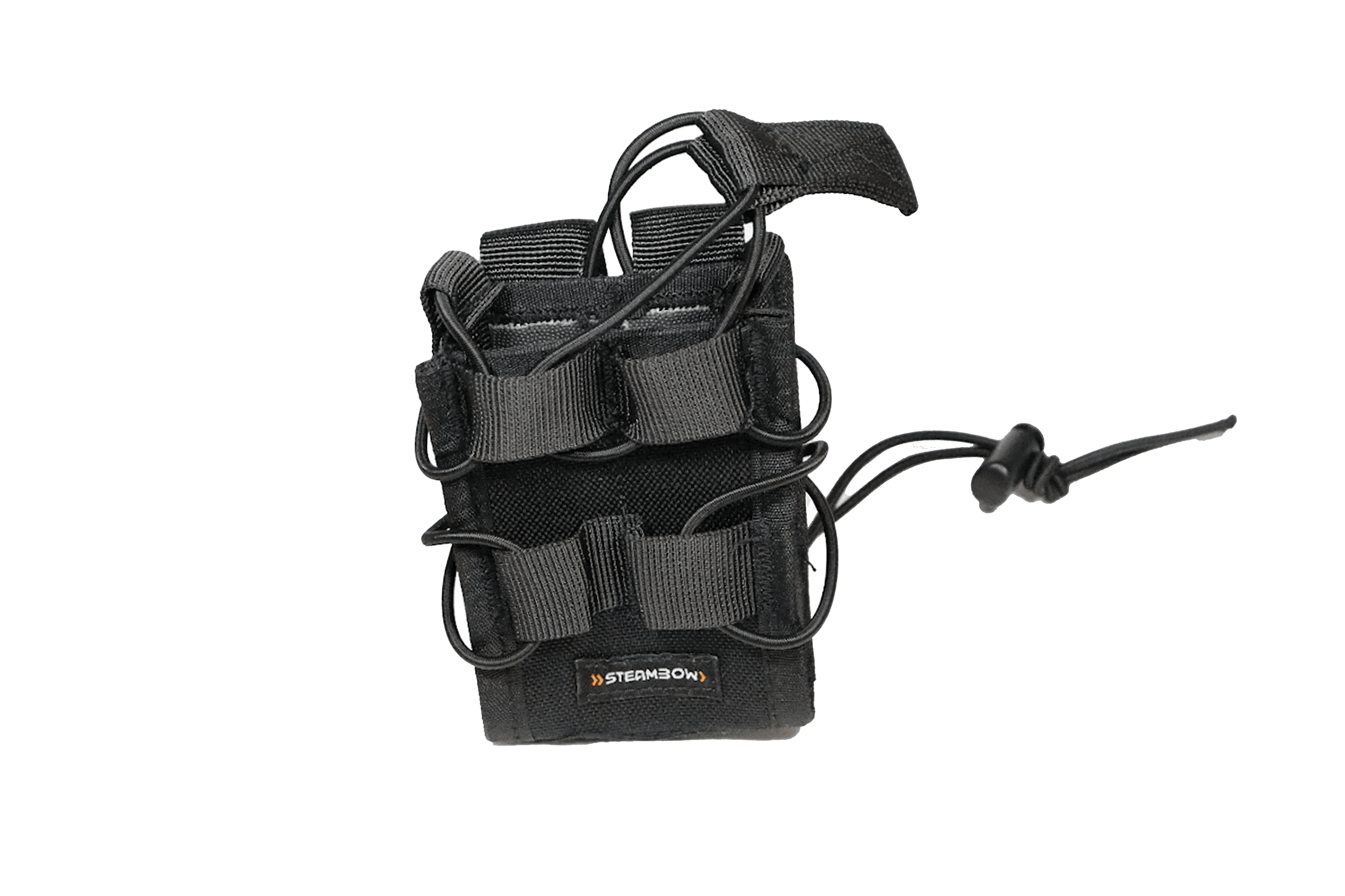 Black tactical magazine pouch with elastic bungee cords on white background