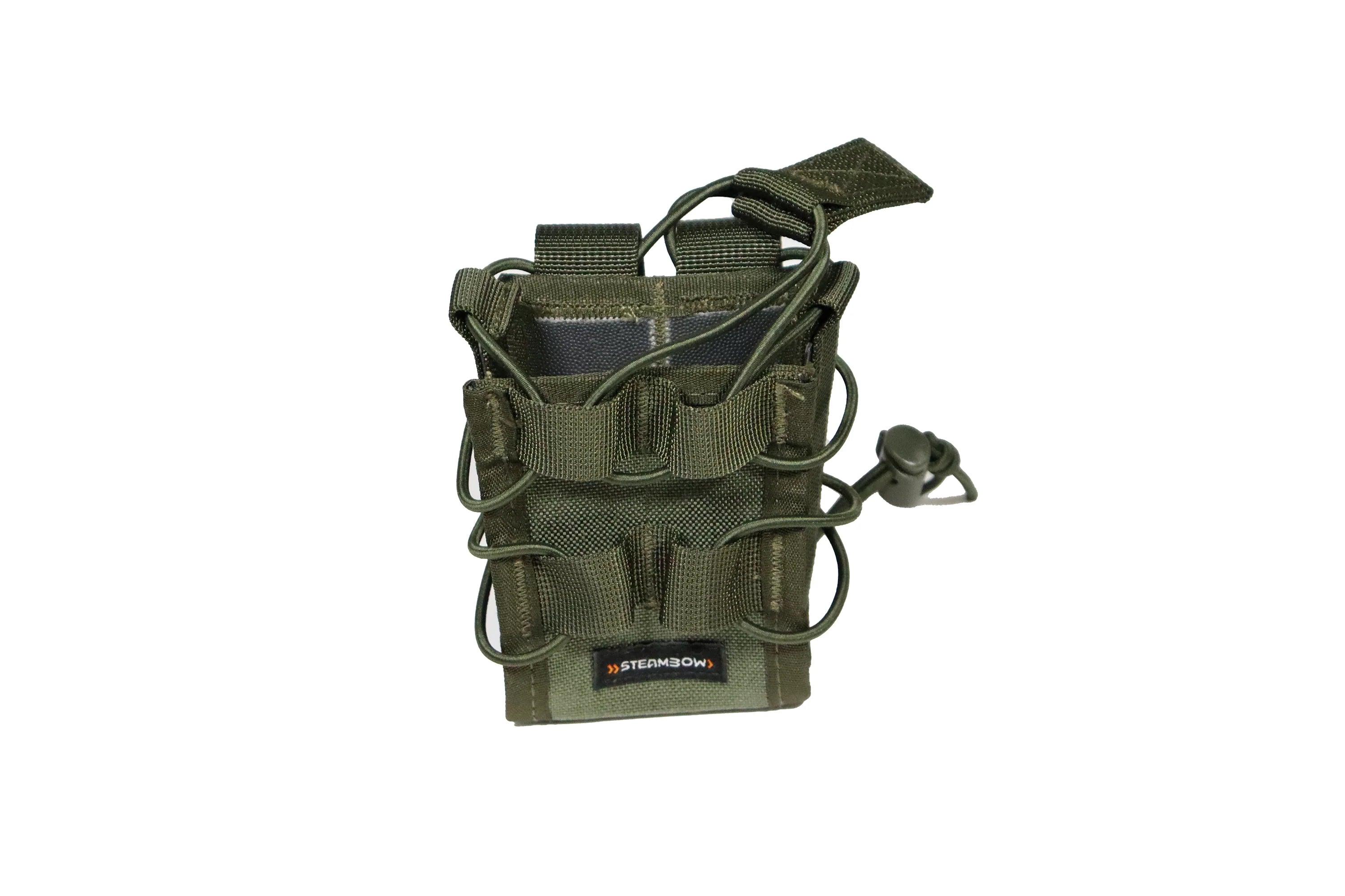 Green tactical nylon magazine pouch with drawstring and SteamBow logo on white background
