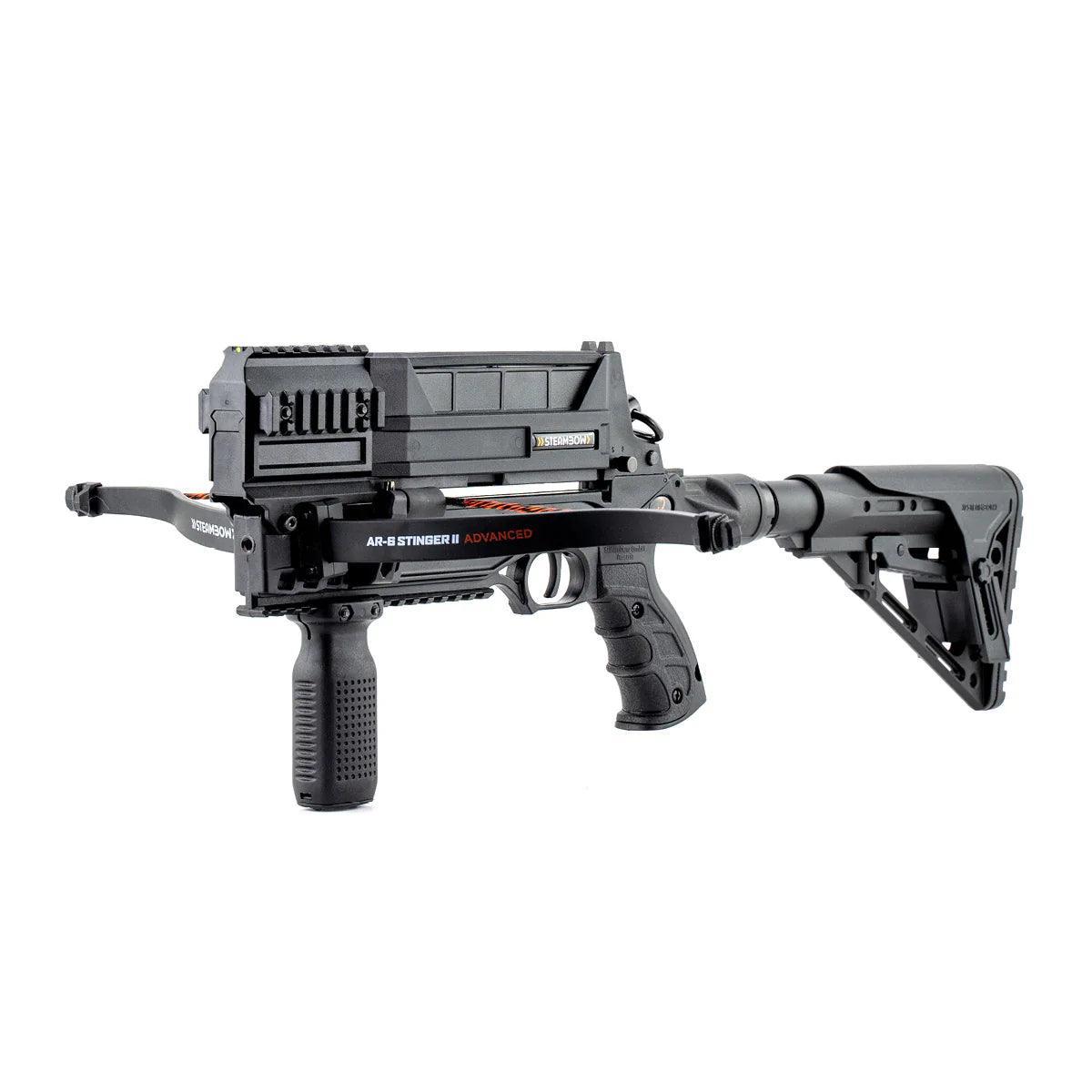 Steambow AR-6 Stinger II Advanced black tactical repeating crossbow with adjustable stock