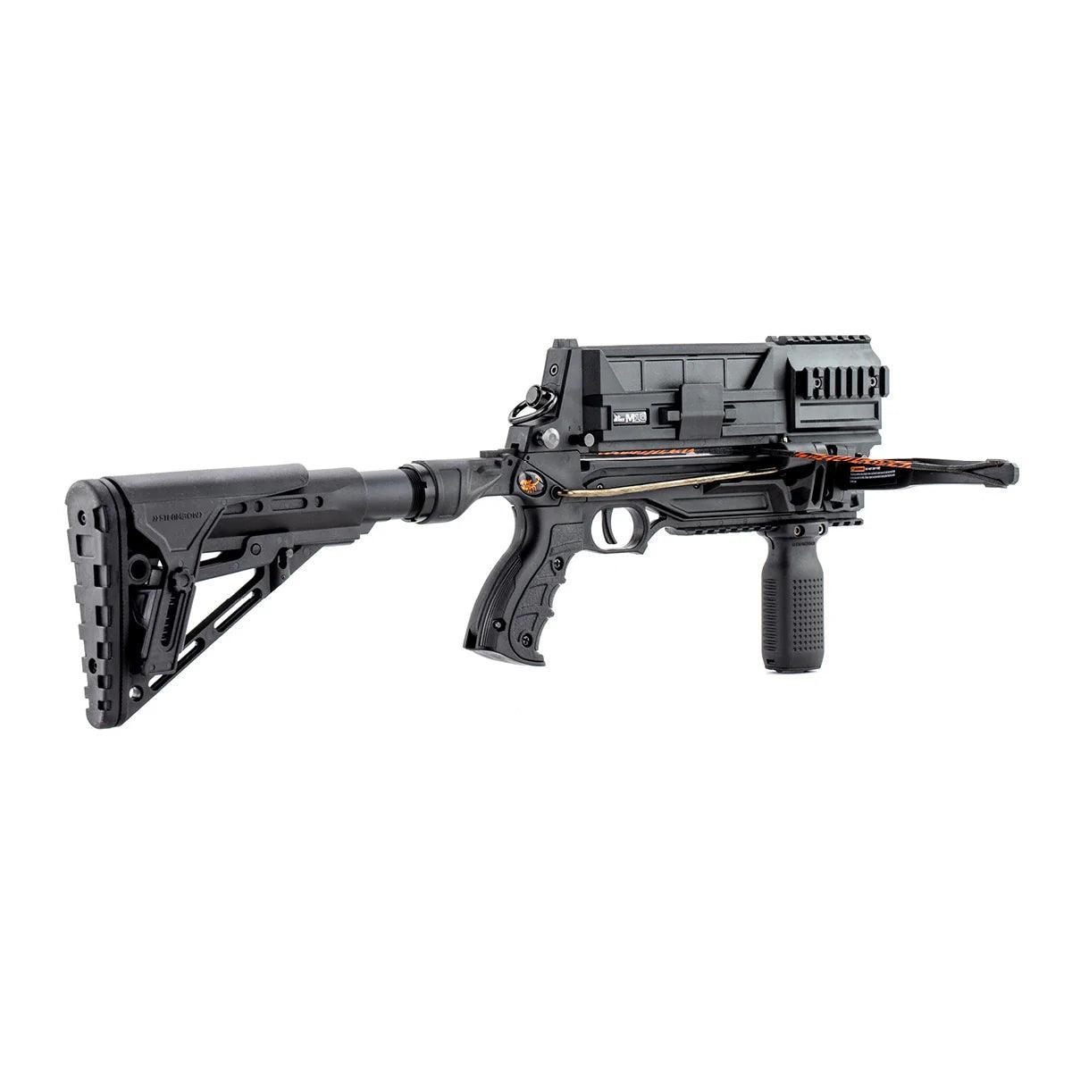 Tactical black repeating crossbow with adjustable stock and foregrip on white background