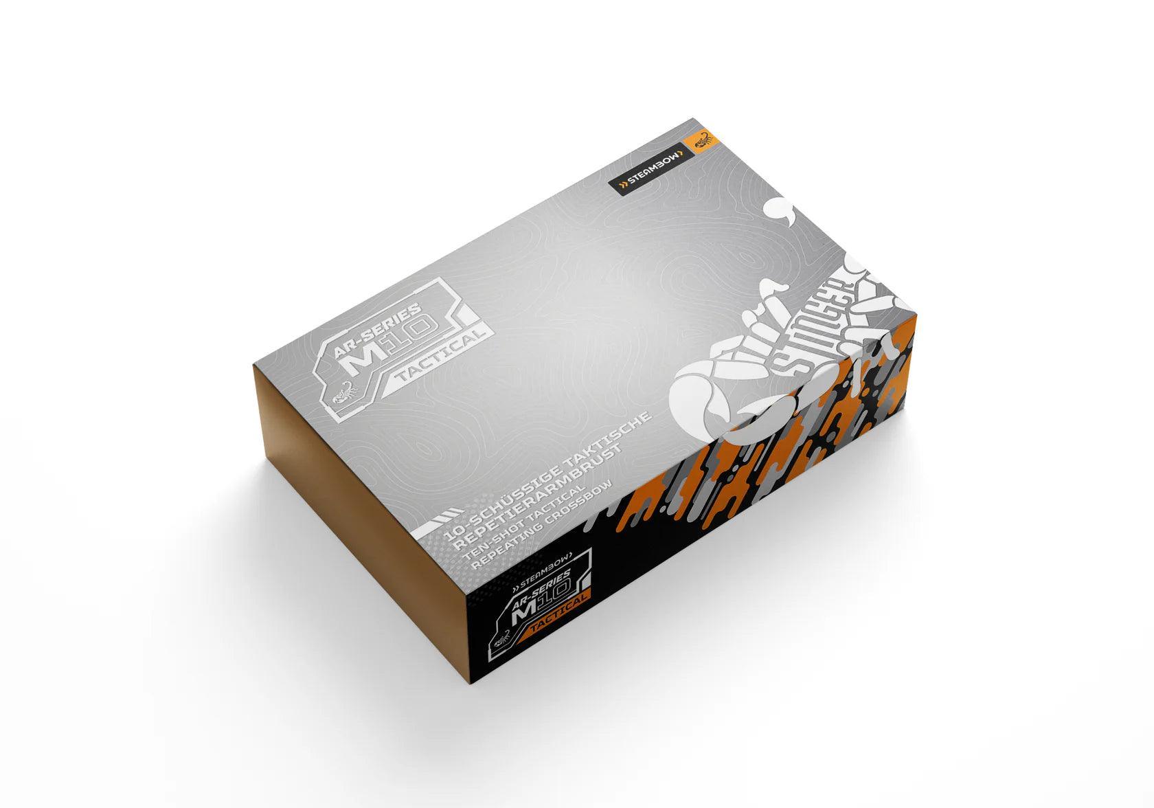 AR-Series M10 Tactical repeating crossbow box with orange and silver graphic design