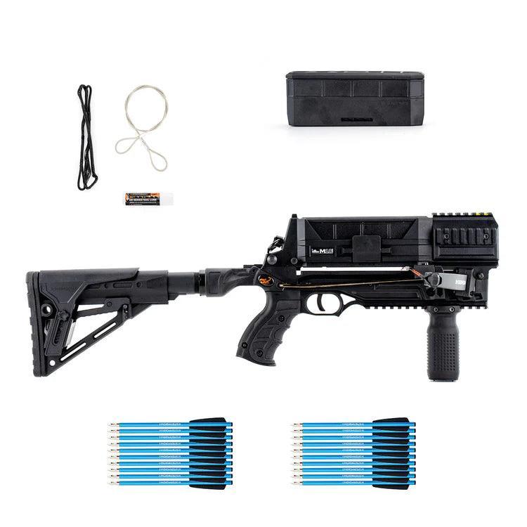 Steambow crossbow set with accessories, bolts, string, and black tactical case
