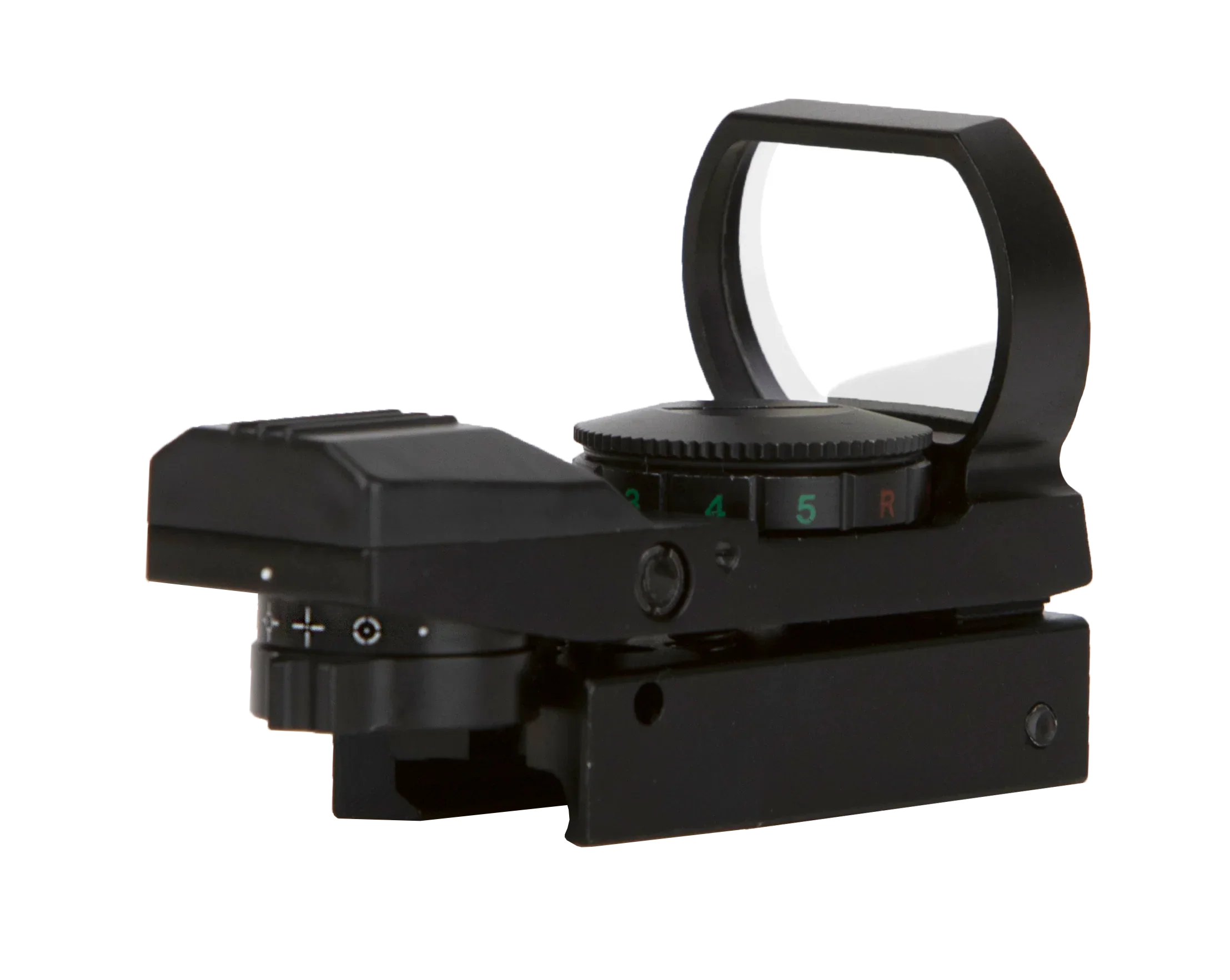 Black reflex red dot sight scope with adjustment knobs and mounting rail