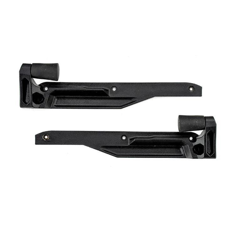 Pair of black Steambow crossbow limb brackets with rubber stoppers on white background