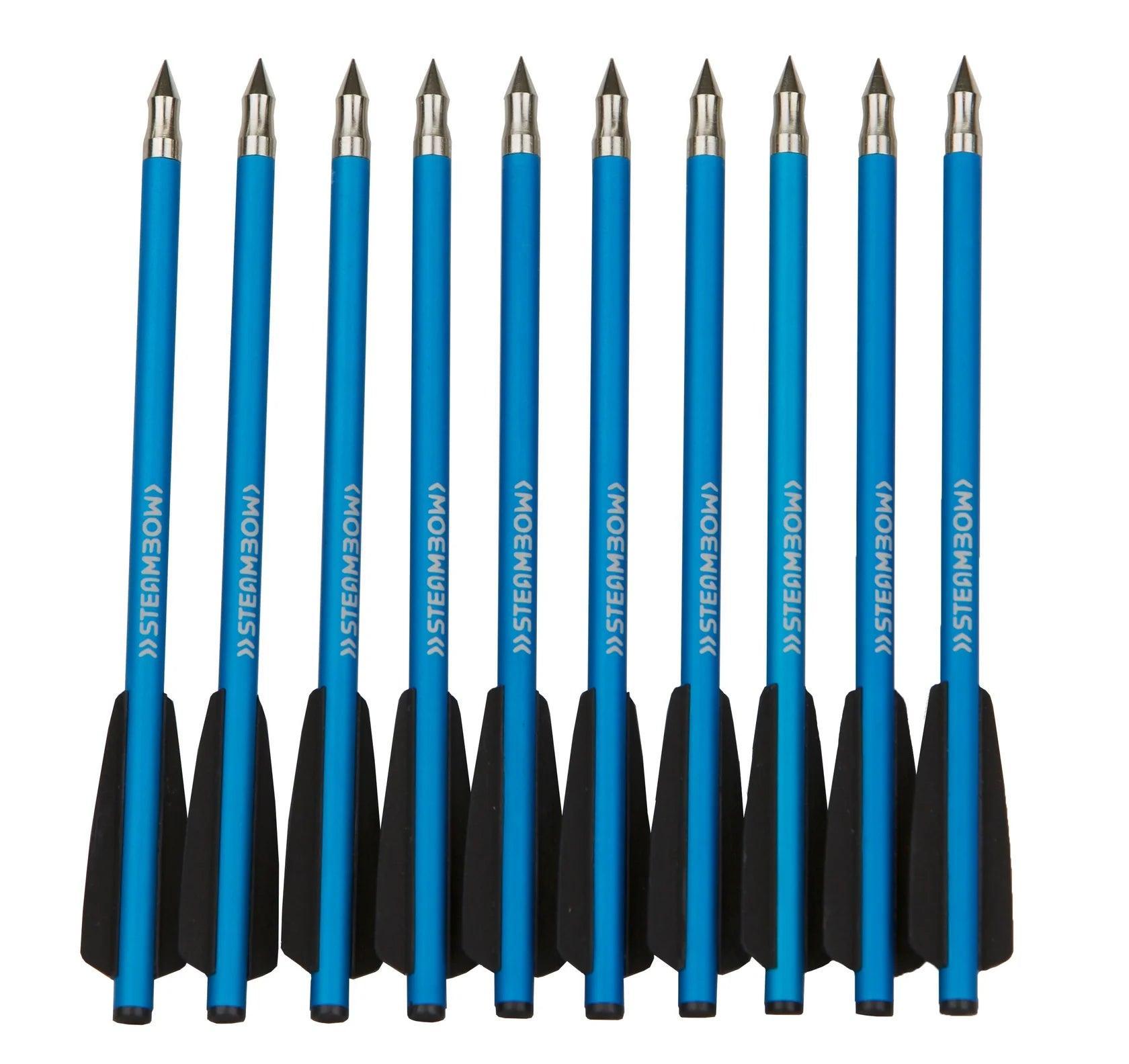 Steambow AR-Series blue target arrows 10-pack with black fletching and metal tips