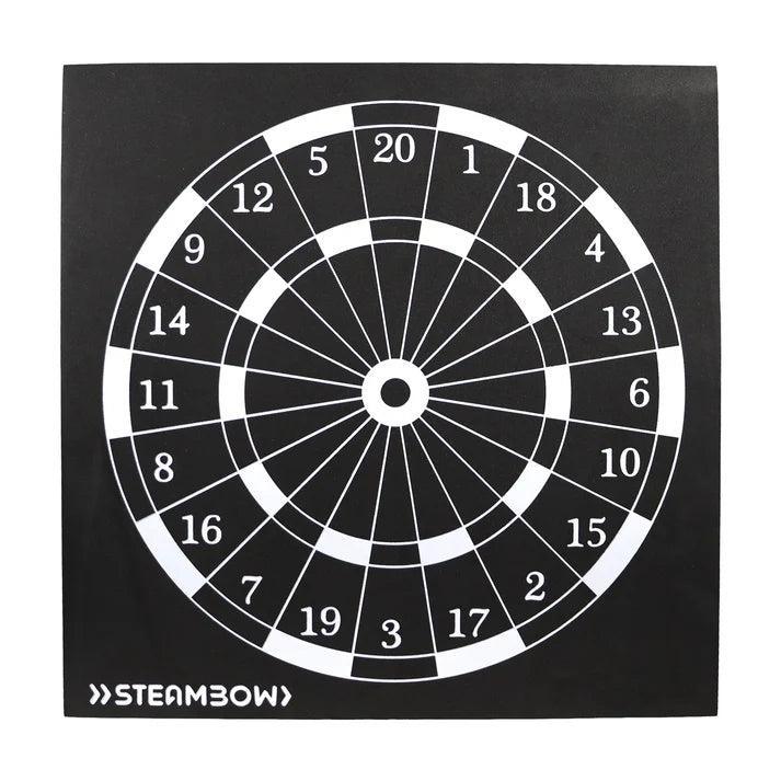 Steambow black and white archery arrow target with numbered rings and dartboard design